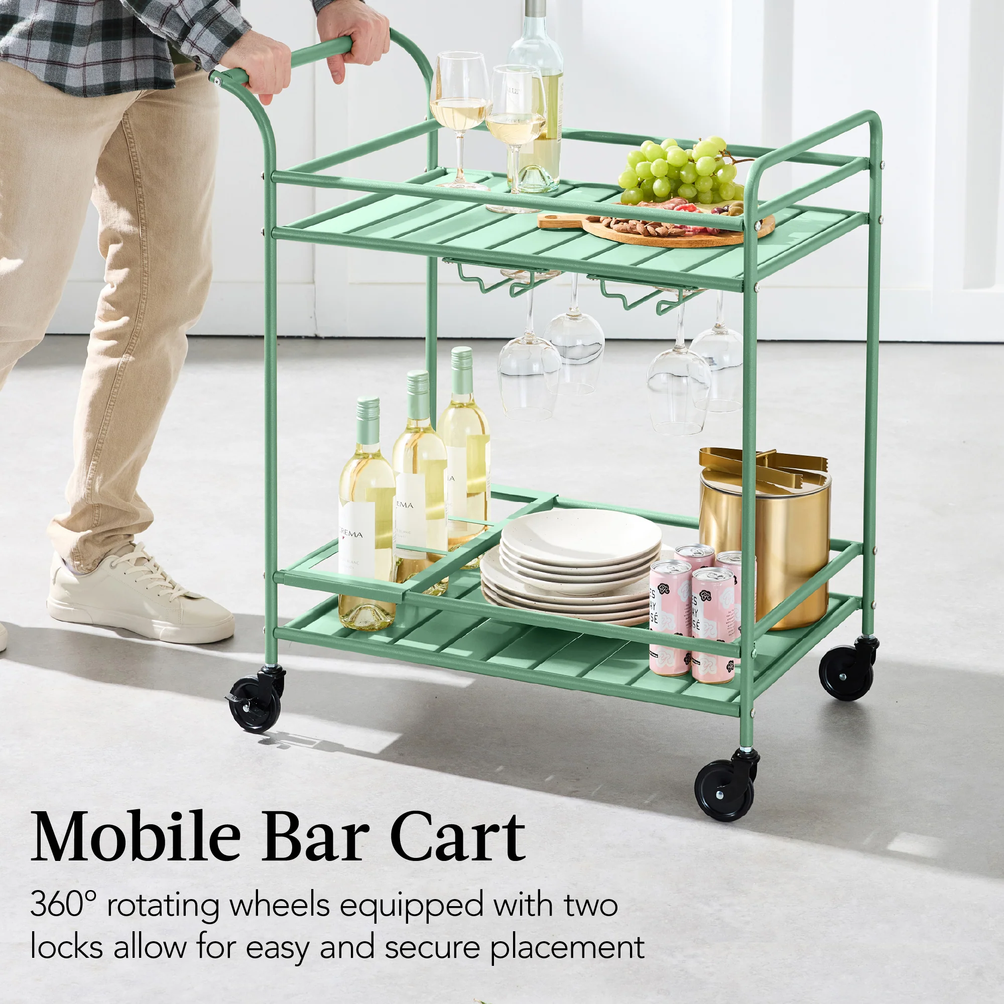 2-Tier Rolling Bar Cart Indoor/Outdoor w/ Shelves, Wine Rack, Locking Wheels - Image 53