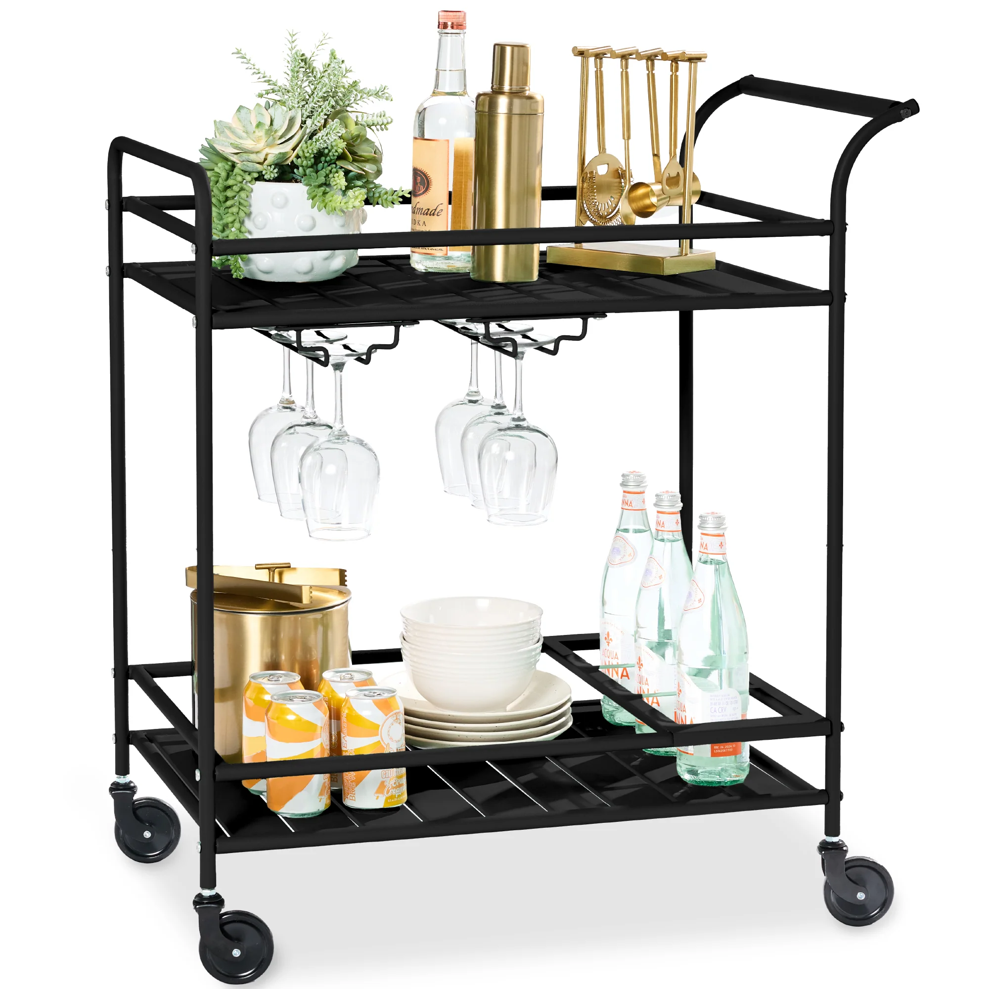 2-Tier Rolling Bar Cart Indoor/Outdoor w/ Shelves, Wine Rack, Locking Wheels - Image 65