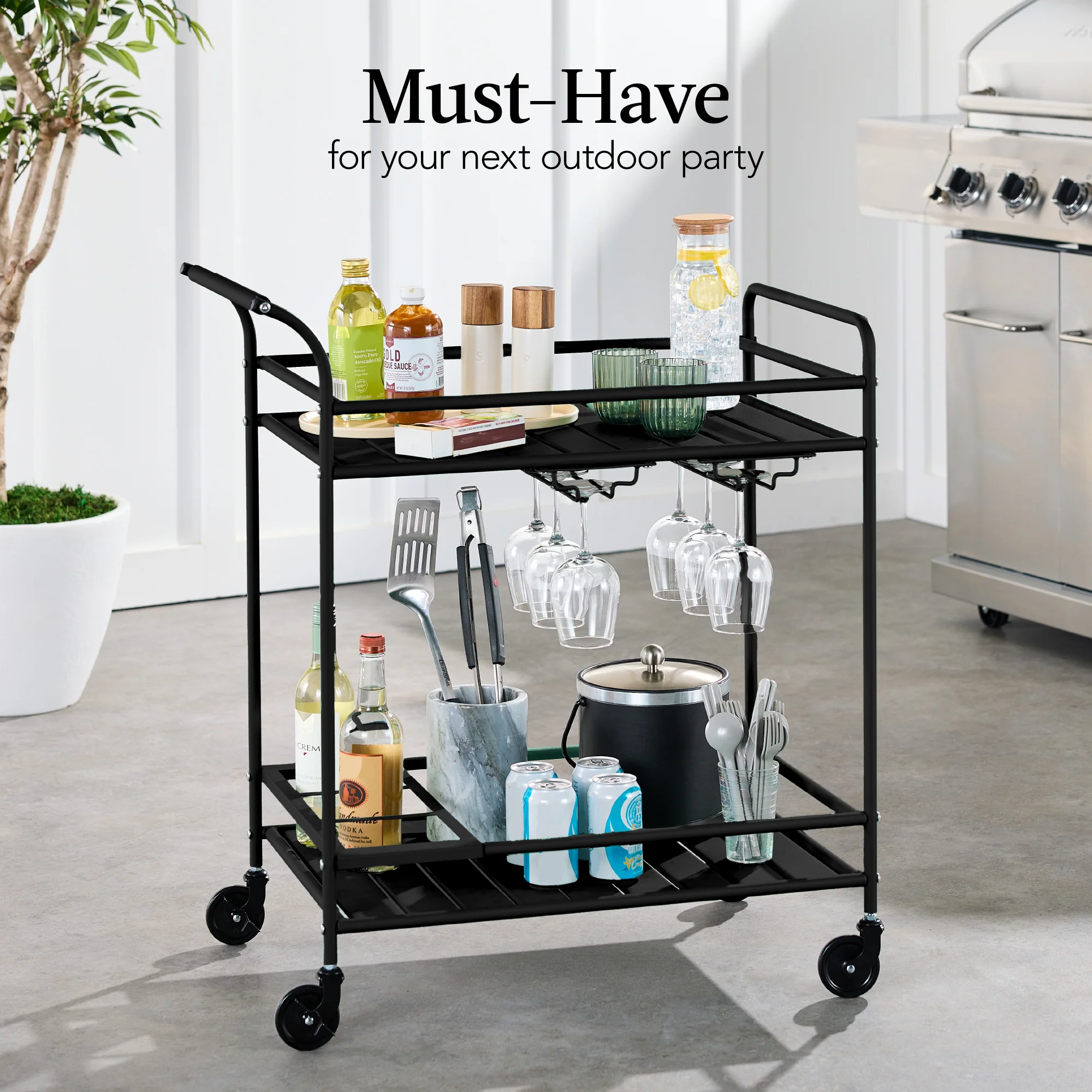 2-Tier Rolling Bar Cart Indoor/Outdoor w/ Shelves, Wine Rack, Locking Wheels - Image 67