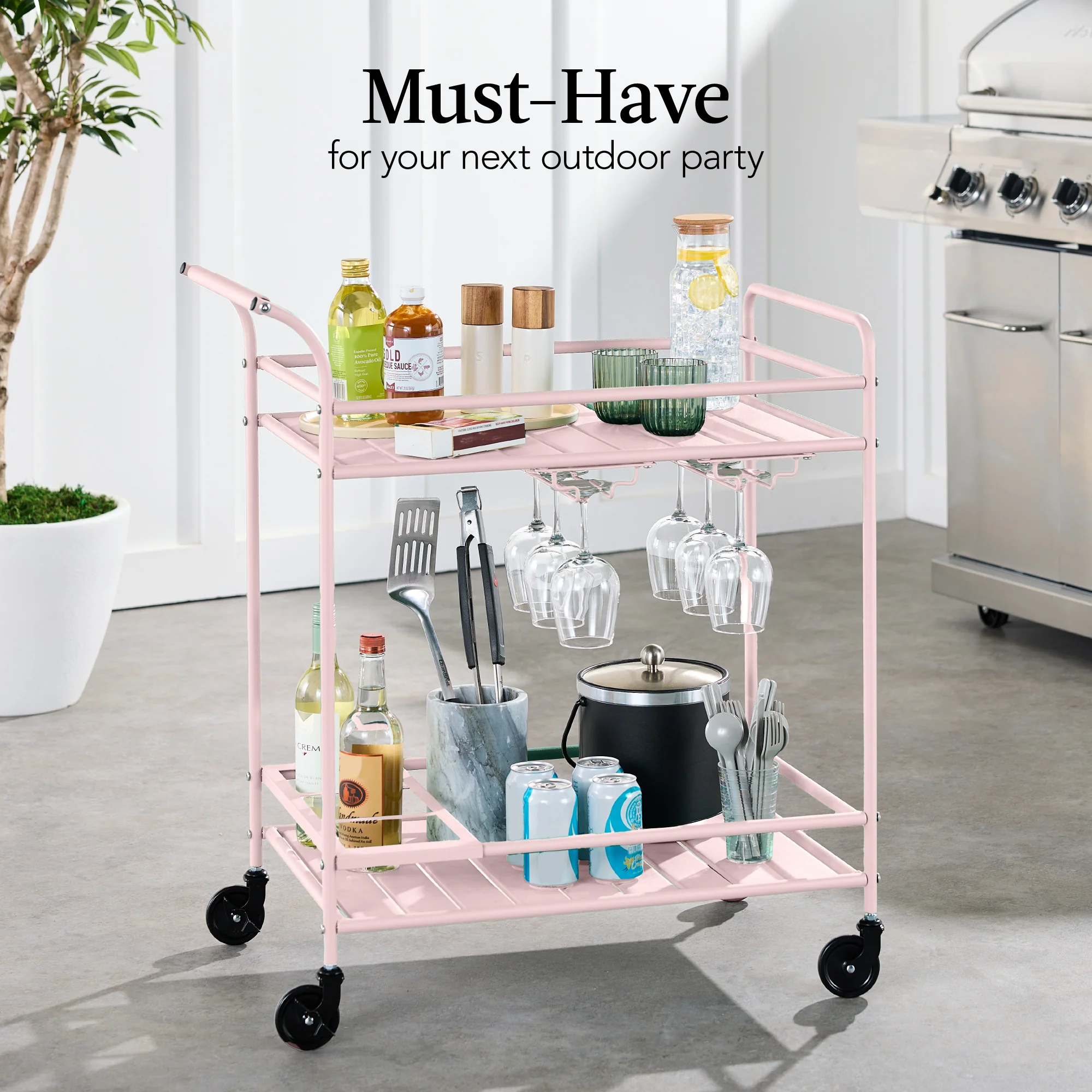2-Tier Rolling Bar Cart Indoor/Outdoor w/ Shelves, Wine Rack, Locking Wheels - Image 75