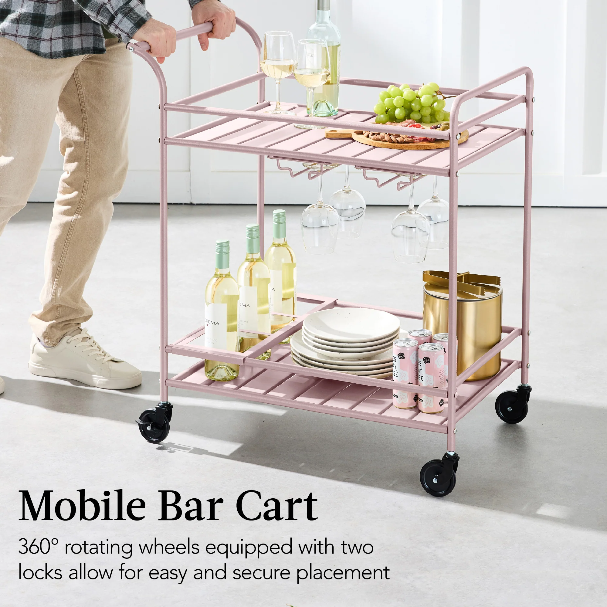 2-Tier Rolling Bar Cart Indoor/Outdoor w/ Shelves, Wine Rack, Locking Wheels - Image 77