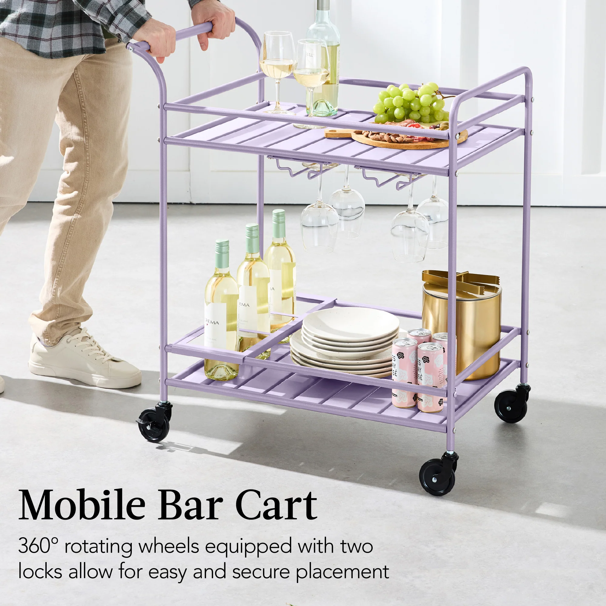 2-Tier Rolling Bar Cart Indoor/Outdoor w/ Shelves, Wine Rack, Locking Wheels - Image 85
