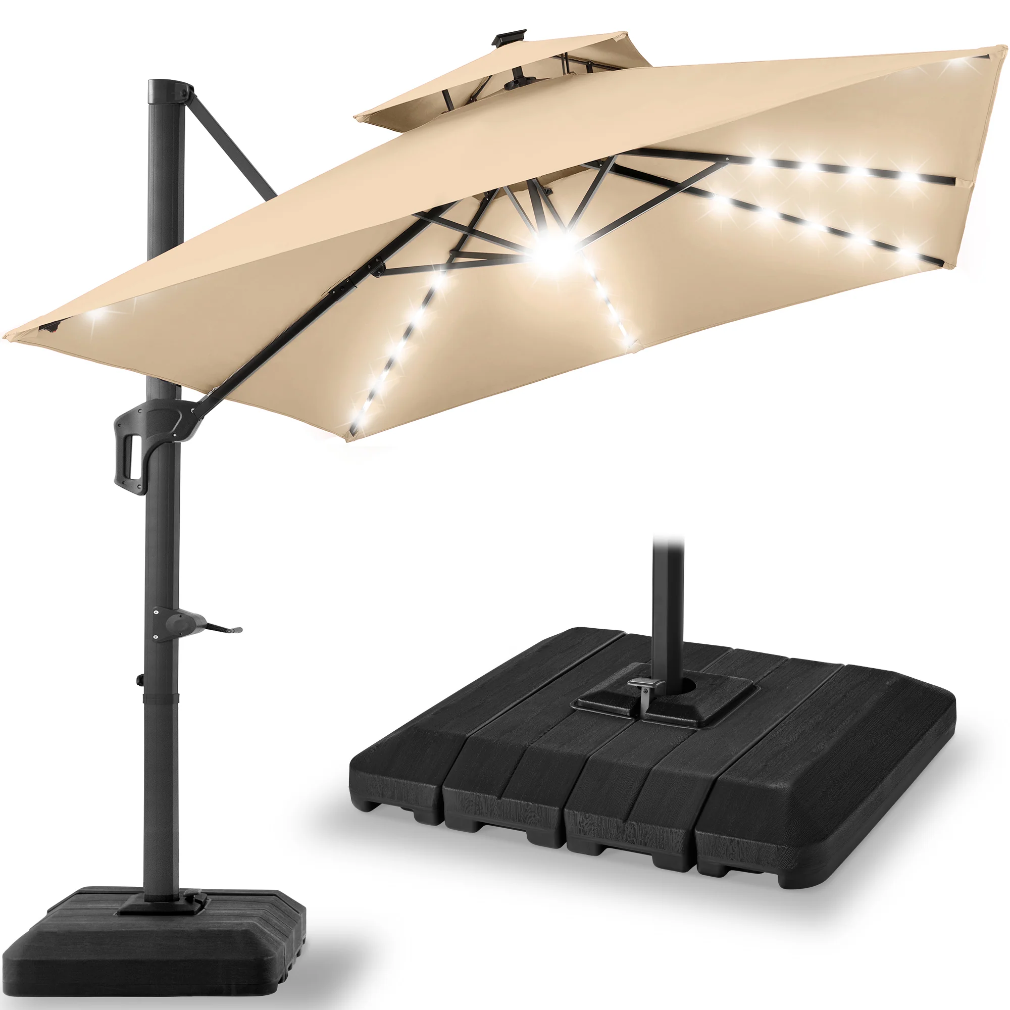 2-Tier Square LED Cantilever Offset Umbrella w/ 360 Rotation, Base - 10x10ft - Image 155