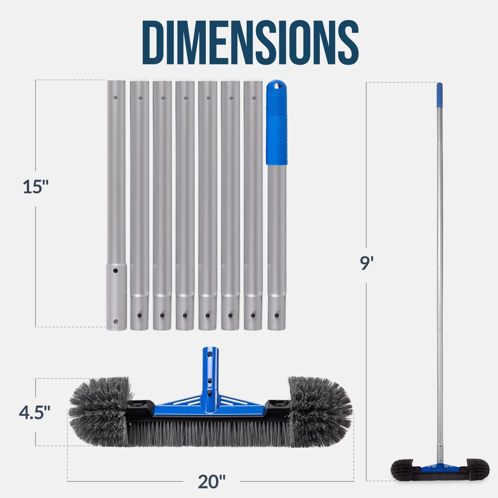 20" Pool Brush with 9 ft Aluminum Pole Pool Wall & Floor Cleaning Set - Image 2