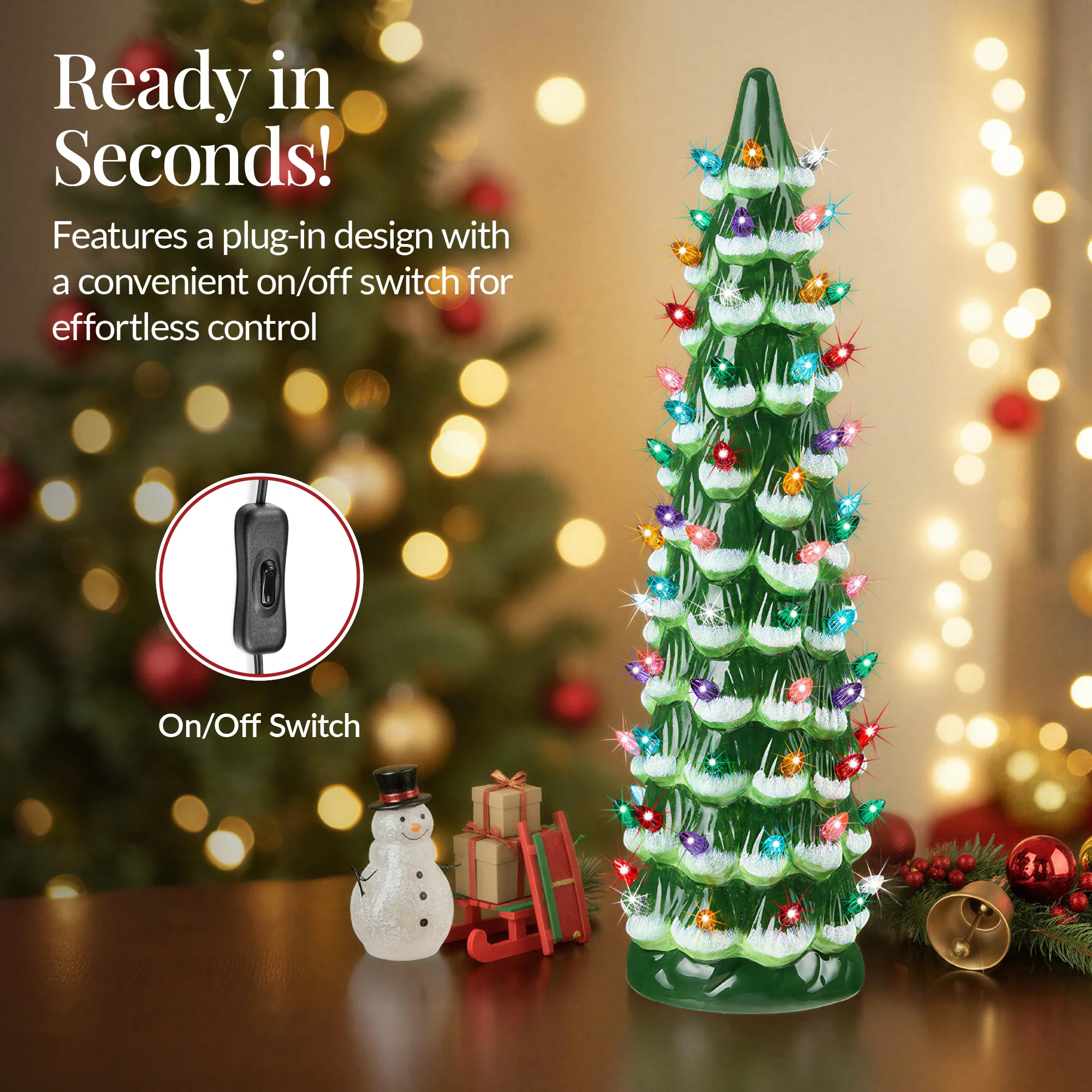 21in Ceramic Christmas Tree, Hand-Painted Holiday Decor w/ LED Lights - Image 13