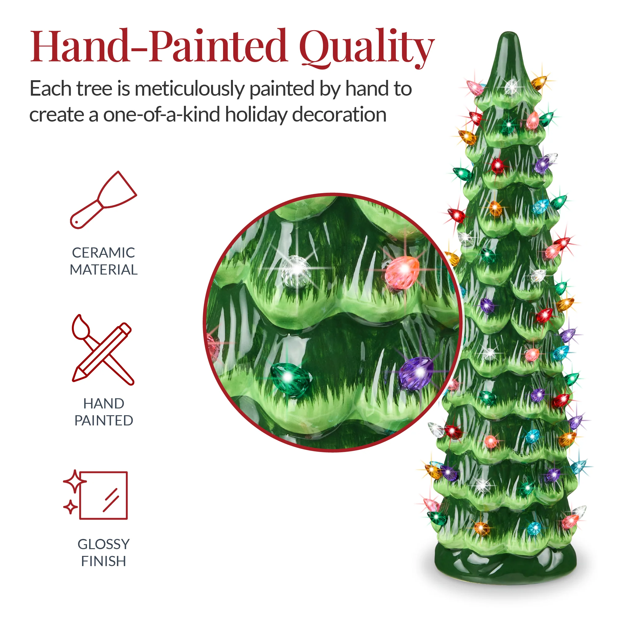 21in Ceramic Christmas Tree, Hand-Painted Holiday Decor w/ LED Lights - Image 3