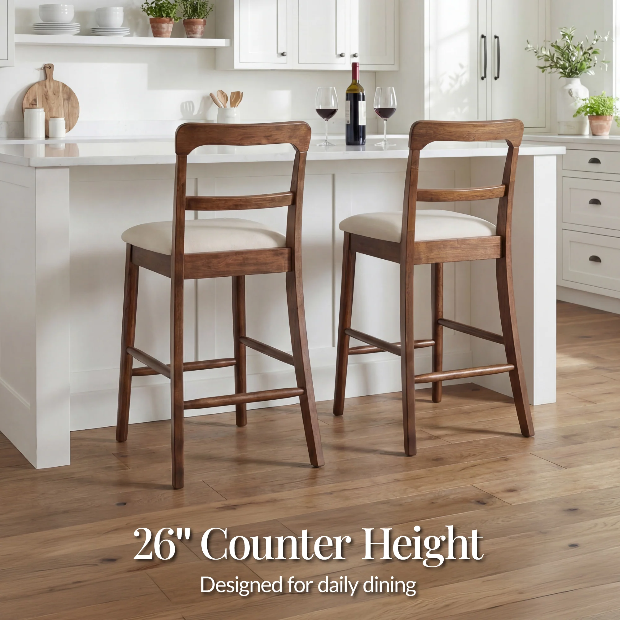 26" Counter-Height Farmhouse Wood Stools  w/ Cushion & Backrest, Set of 2 - Image 3