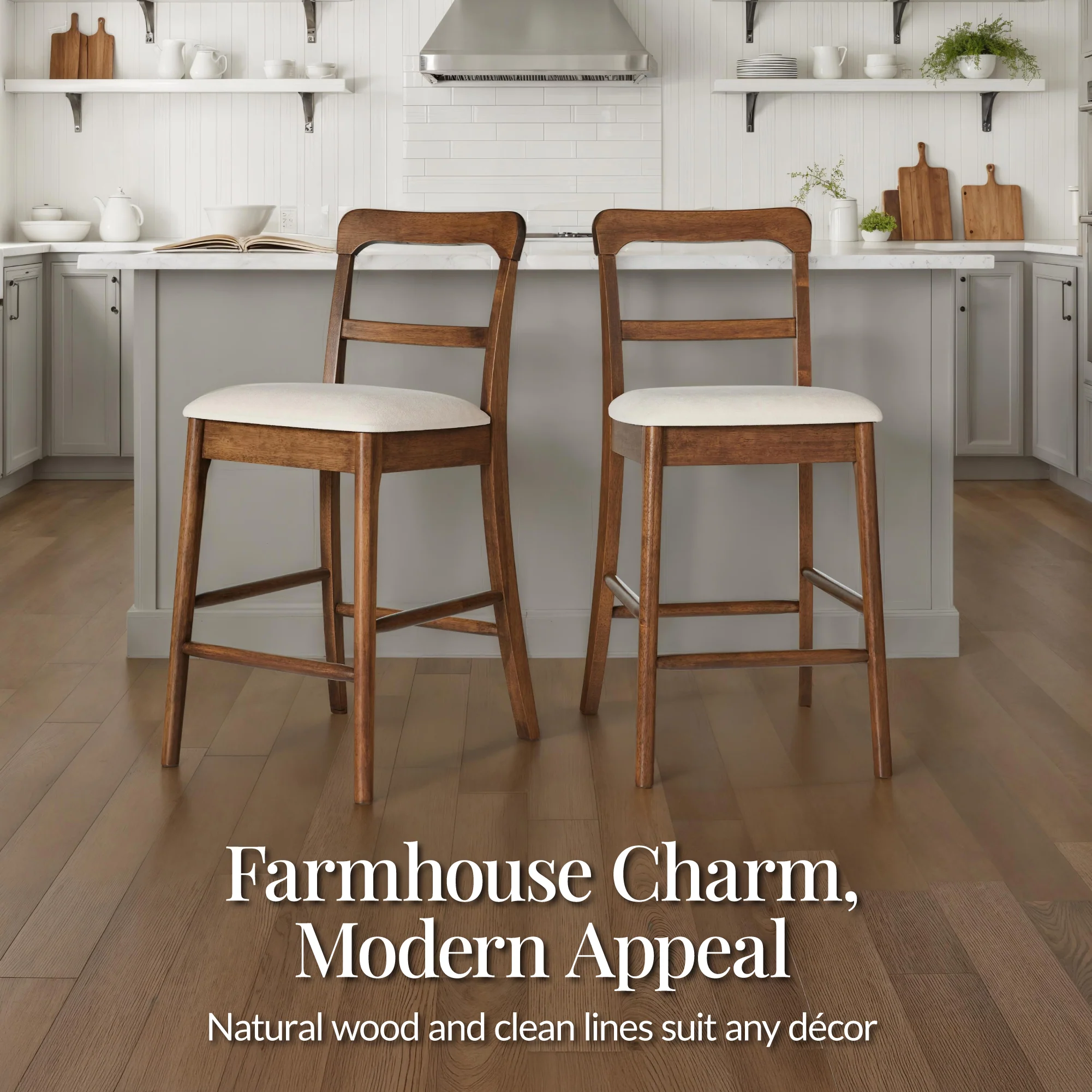 26" Counter-Height Farmhouse Wood Stools  w/ Cushion & Backrest, Set of 2 - Image 4