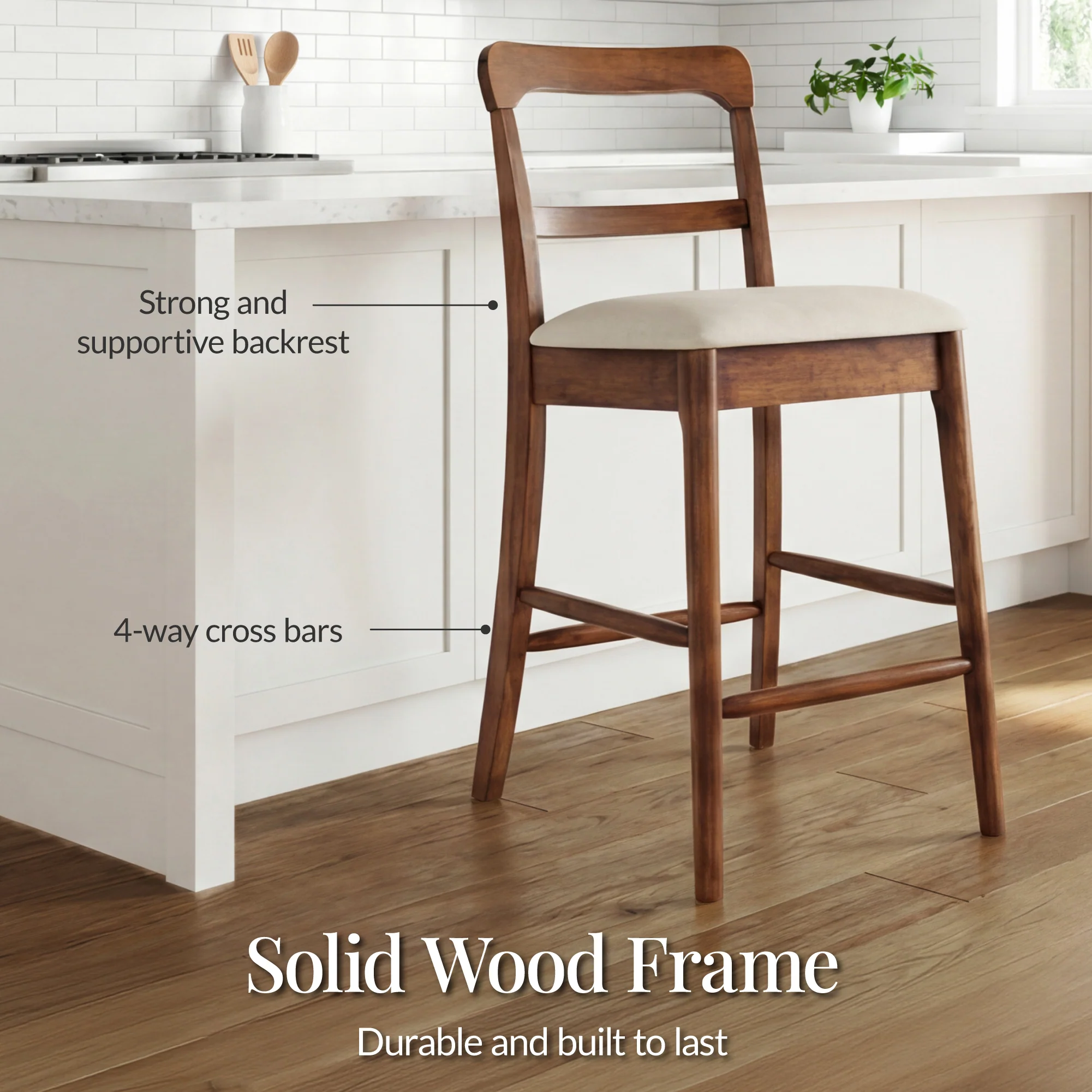 26" Counter-Height Farmhouse Wood Stools  w/ Cushion & Backrest, Set of 2 - Image 5