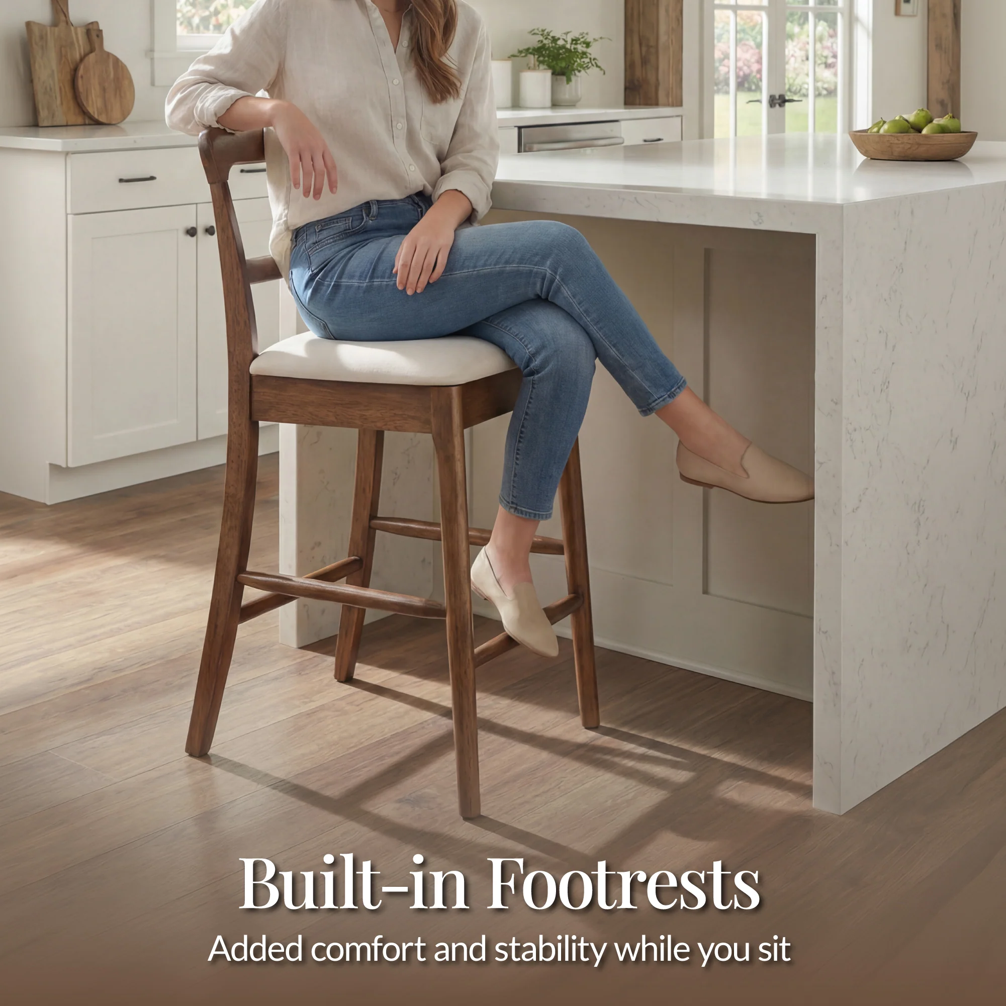 26" Counter-Height Farmhouse Wood Stools  w/ Cushion & Backrest, Set of 2 - Image 8