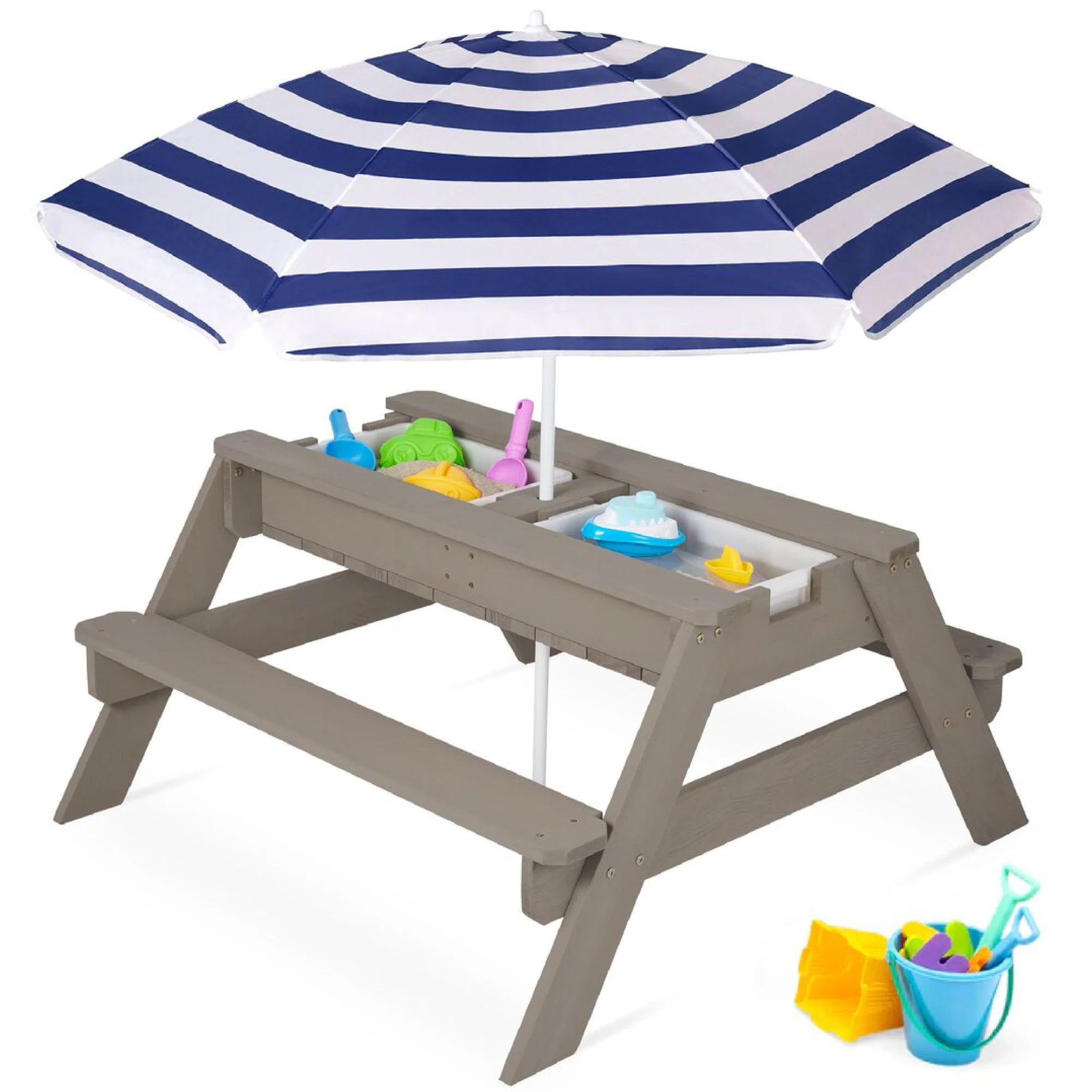 3-in-1 Kids Sand & Water Table Outdoor Wood Picnic Table w/ Umbrella - Image 10