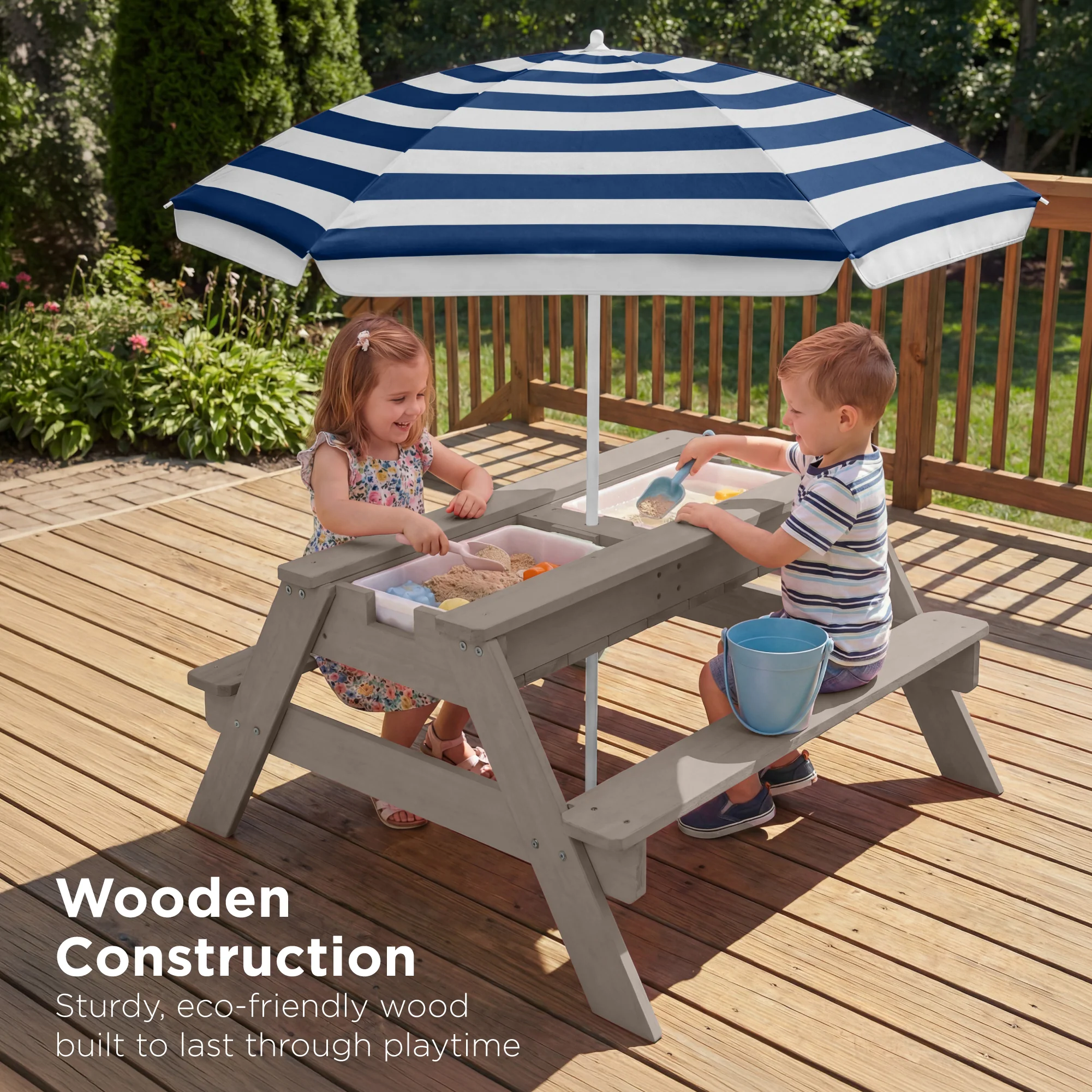 3-in-1 Kids Sand & Water Table Outdoor Wood Picnic Table w/ Umbrella - Image 13
