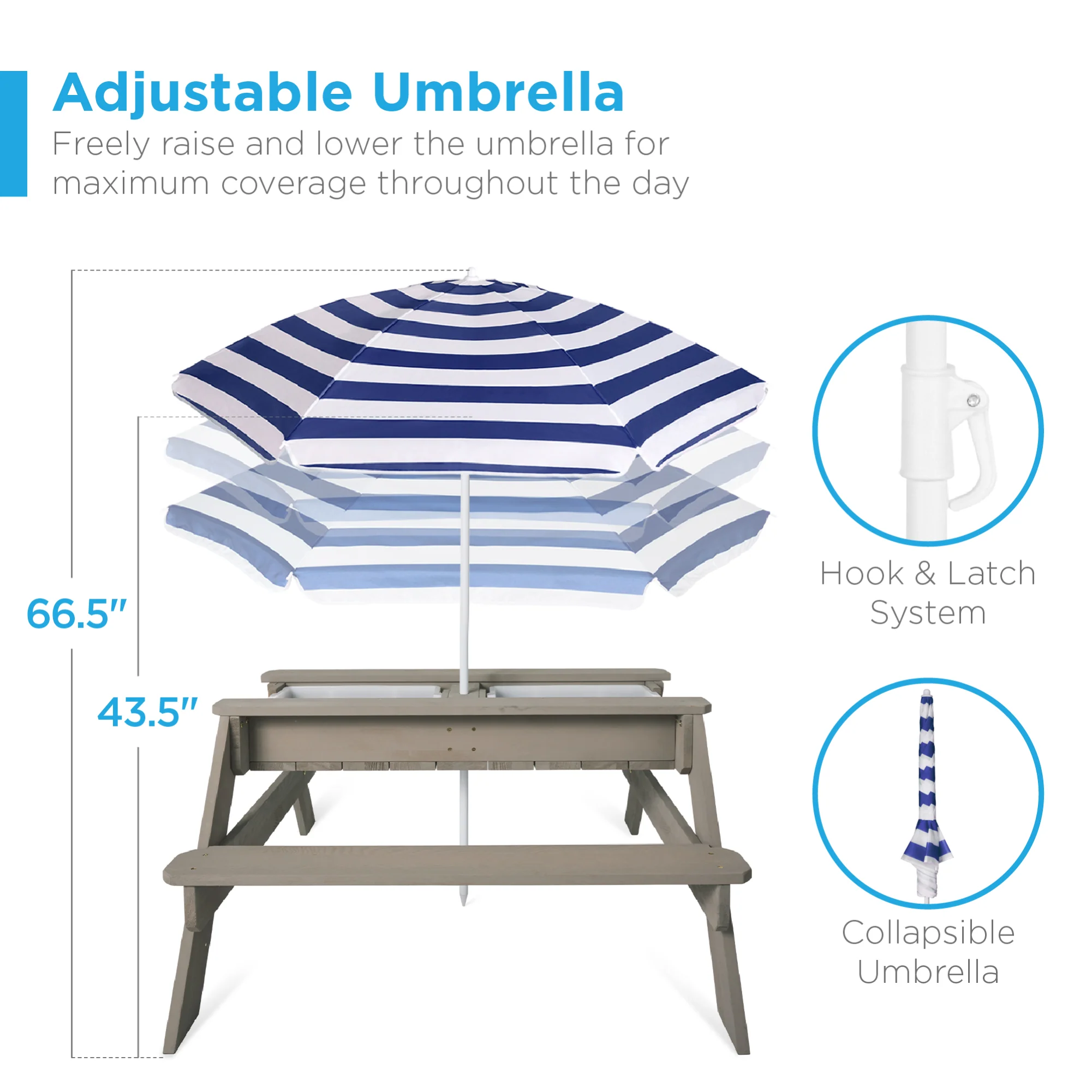 3-in-1 Kids Sand & Water Table Outdoor Wood Picnic Table w/ Umbrella - Image 14