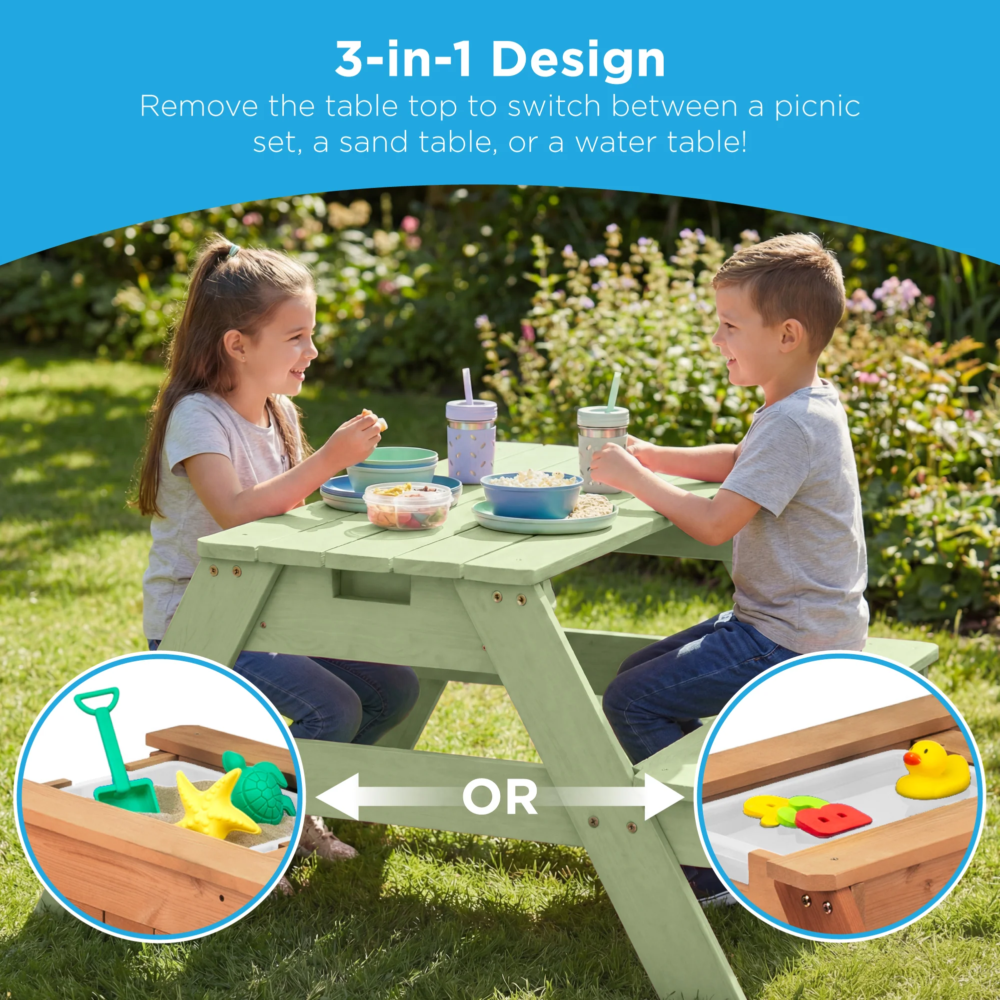3-in-1 Kids Sand & Water Table Outdoor Wood Picnic Table w/ Umbrella - Image 20