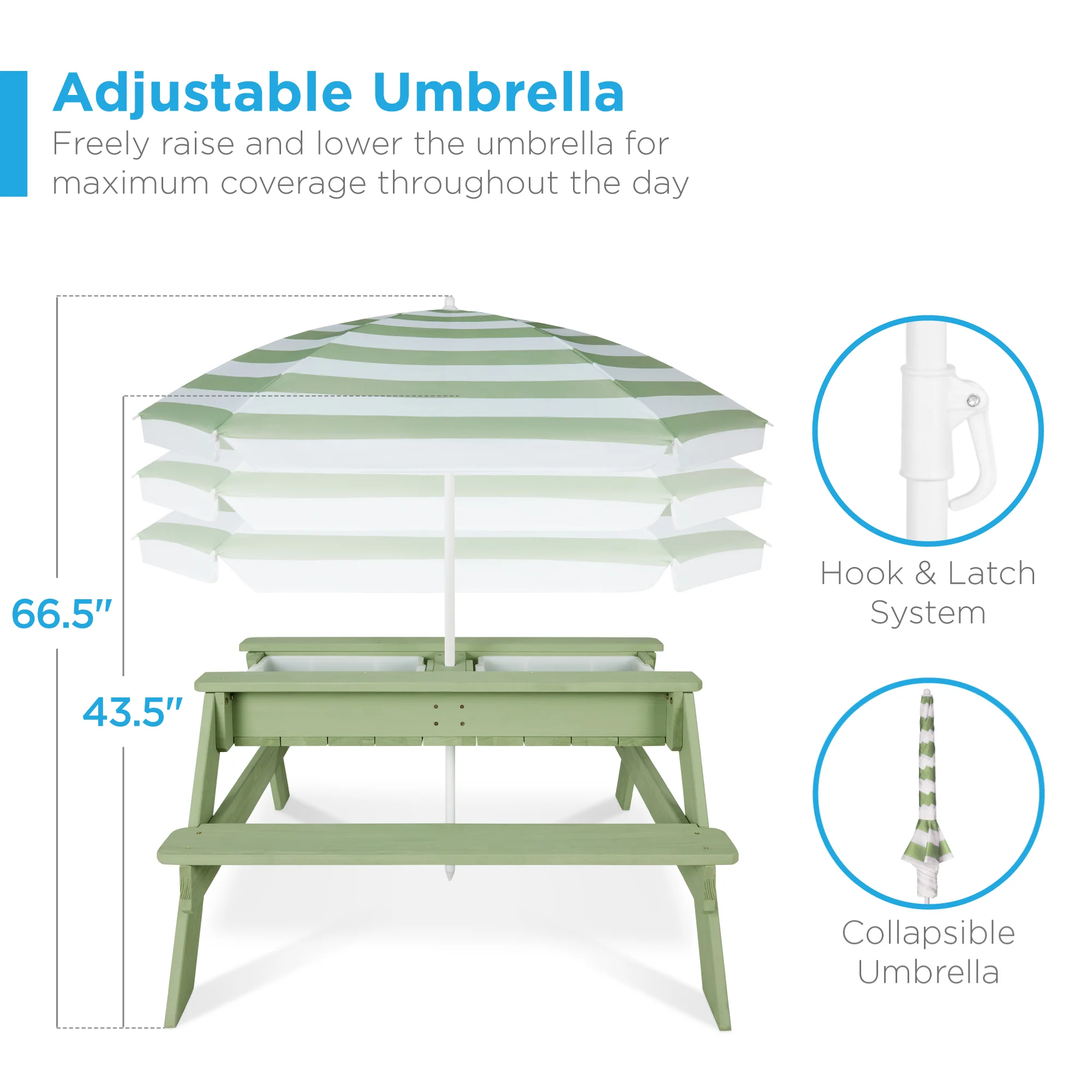 3-in-1 Kids Sand & Water Table Outdoor Wood Picnic Table w/ Umbrella - Image 22