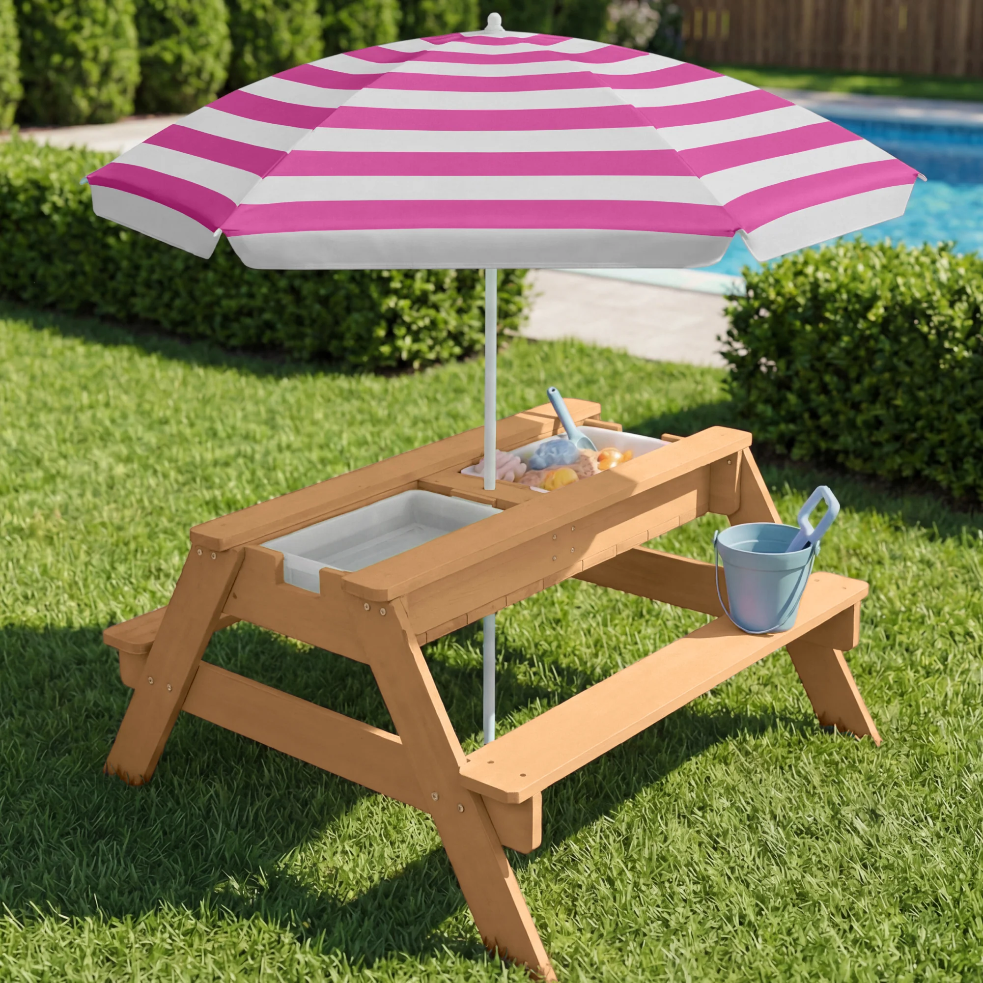 3-in-1 Kids Sand & Water Table Outdoor Wood Picnic Table w/ Umbrella - Image 27