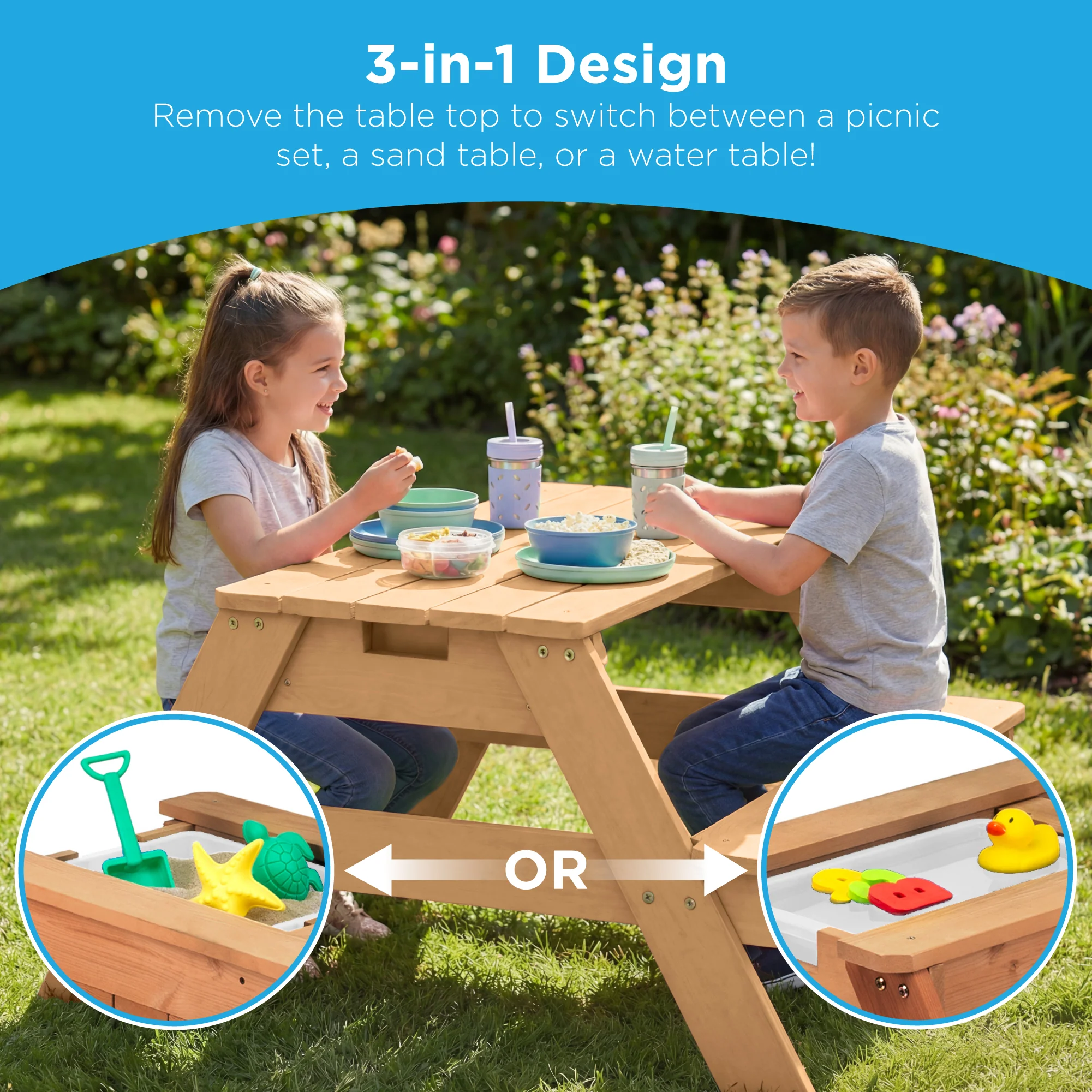 3-in-1 Kids Sand & Water Table Outdoor Wood Picnic Table w/ Umbrella - Image 28