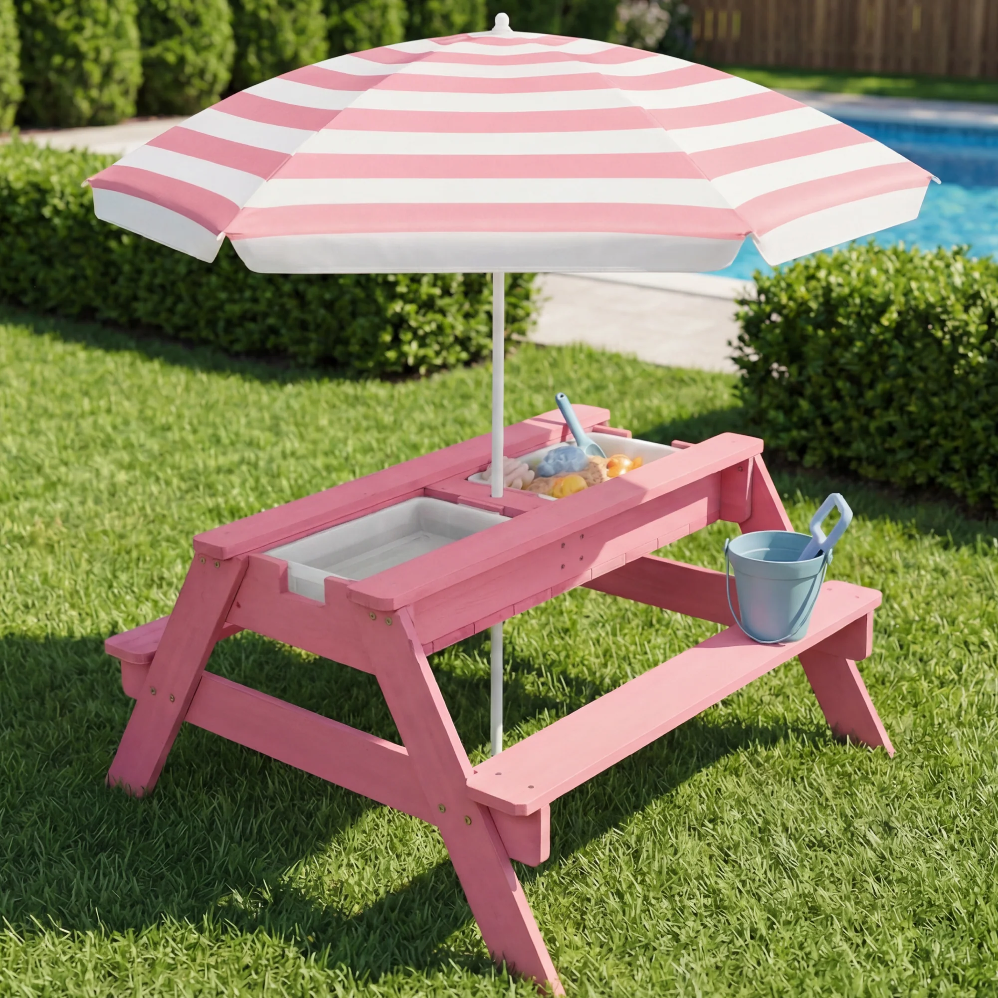 3-in-1 Kids Sand & Water Table Outdoor Wood Picnic Table w/ Umbrella - Image 3