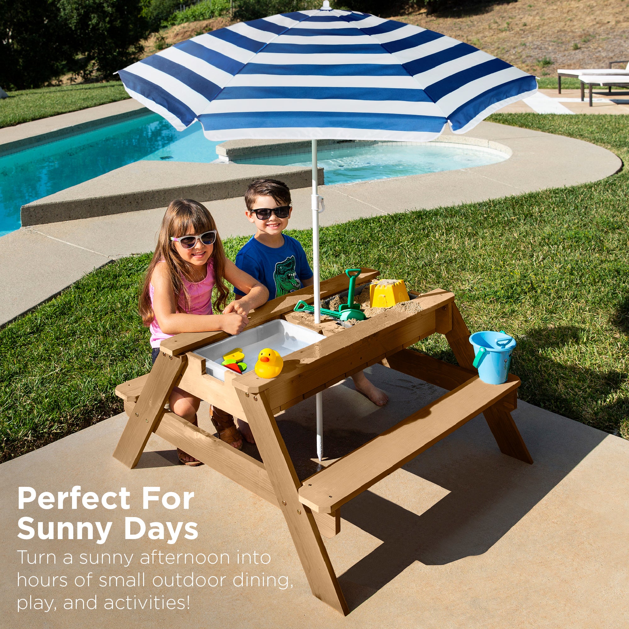 3-in-1 Kids Sand & Water Table Outdoor Wood Picnic Table w/ Umbrella - Image 35