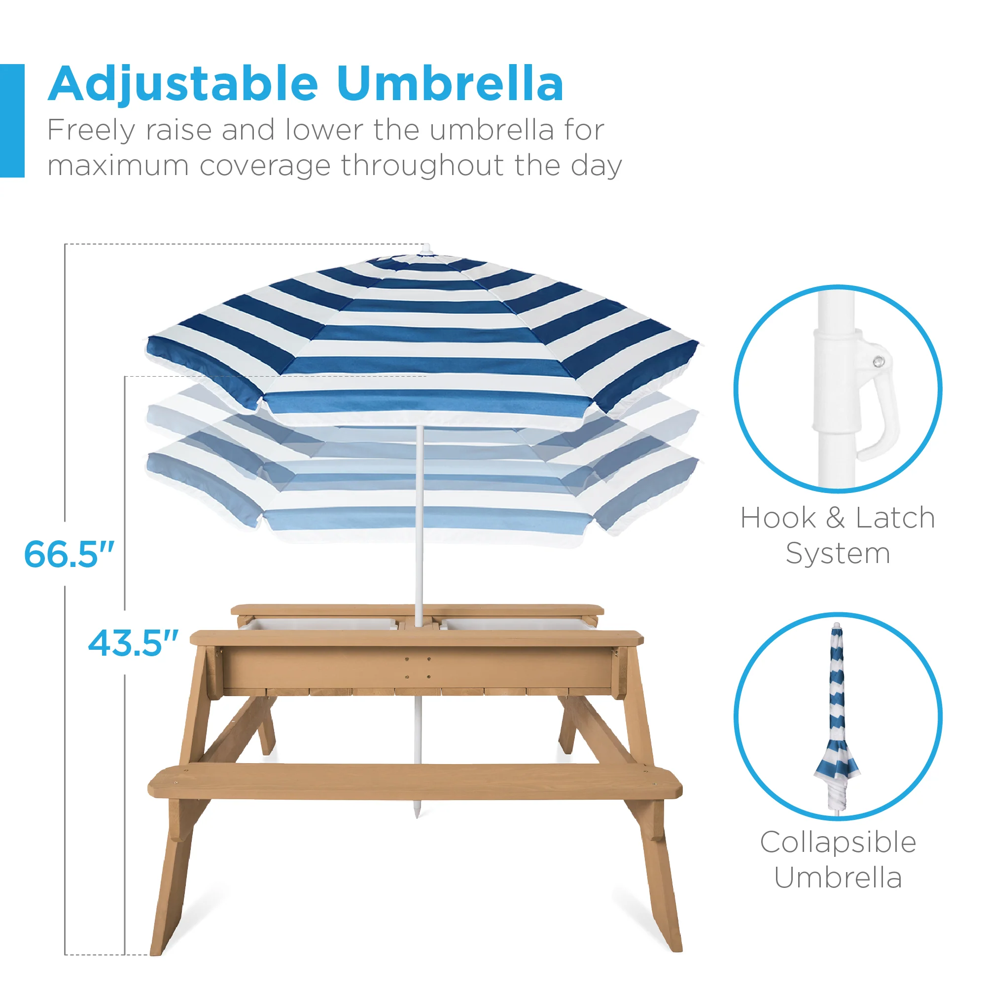 3-in-1 Kids Sand & Water Table Outdoor Wood Picnic Table w/ Umbrella - Image 36