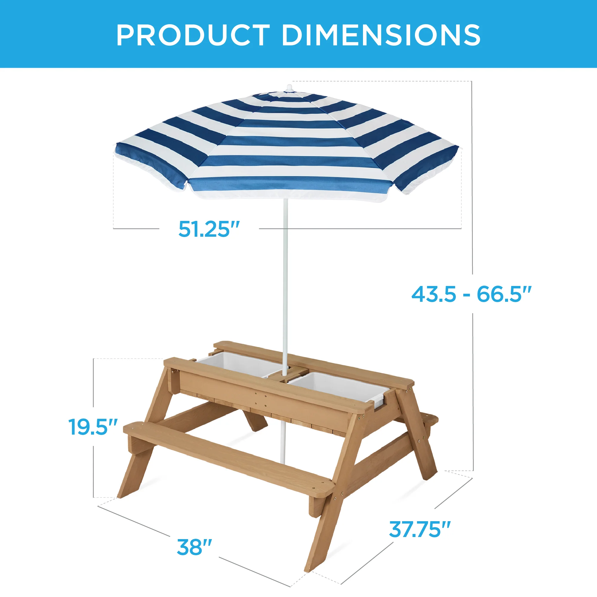 3-in-1 Kids Sand & Water Table Outdoor Wood Picnic Table w/ Umbrella - Image 39