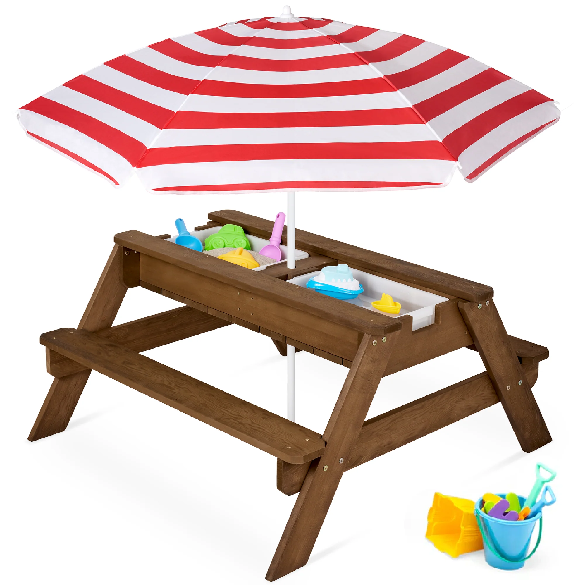 3-in-1 Kids Sand & Water Table Outdoor Wood Picnic Table w/ Umbrella - Image 40
