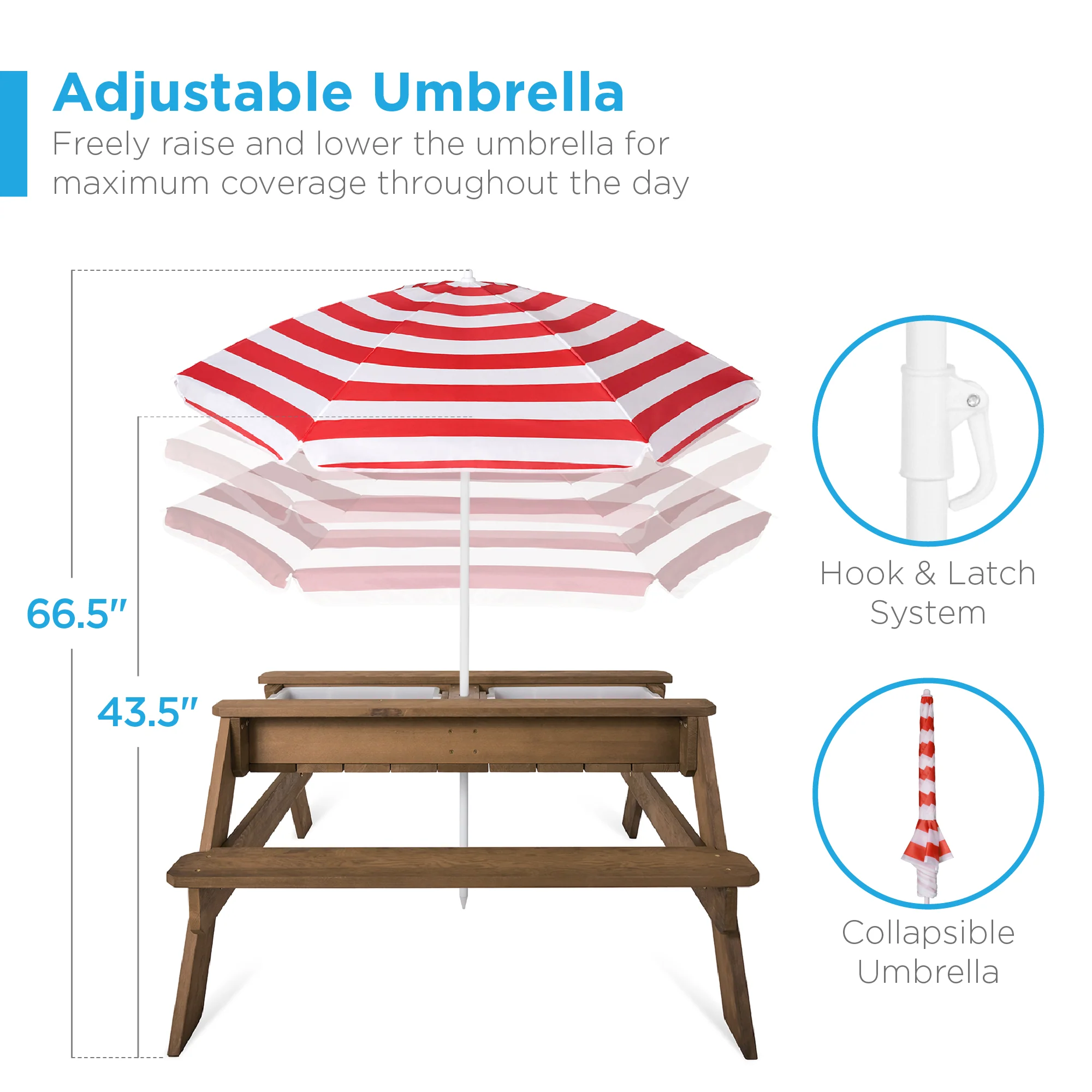 3-in-1 Kids Sand & Water Table Outdoor Wood Picnic Table w/ Umbrella - Image 43