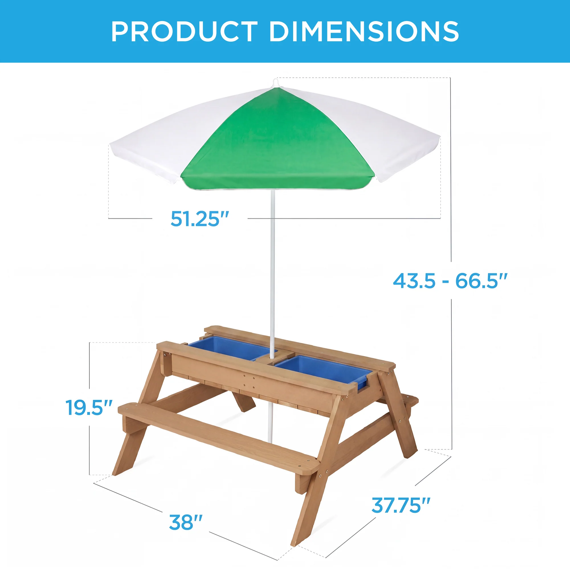 3-in-1 Kids Sand & Water Table Outdoor Wood Picnic Table w/ Umbrella - Image 48