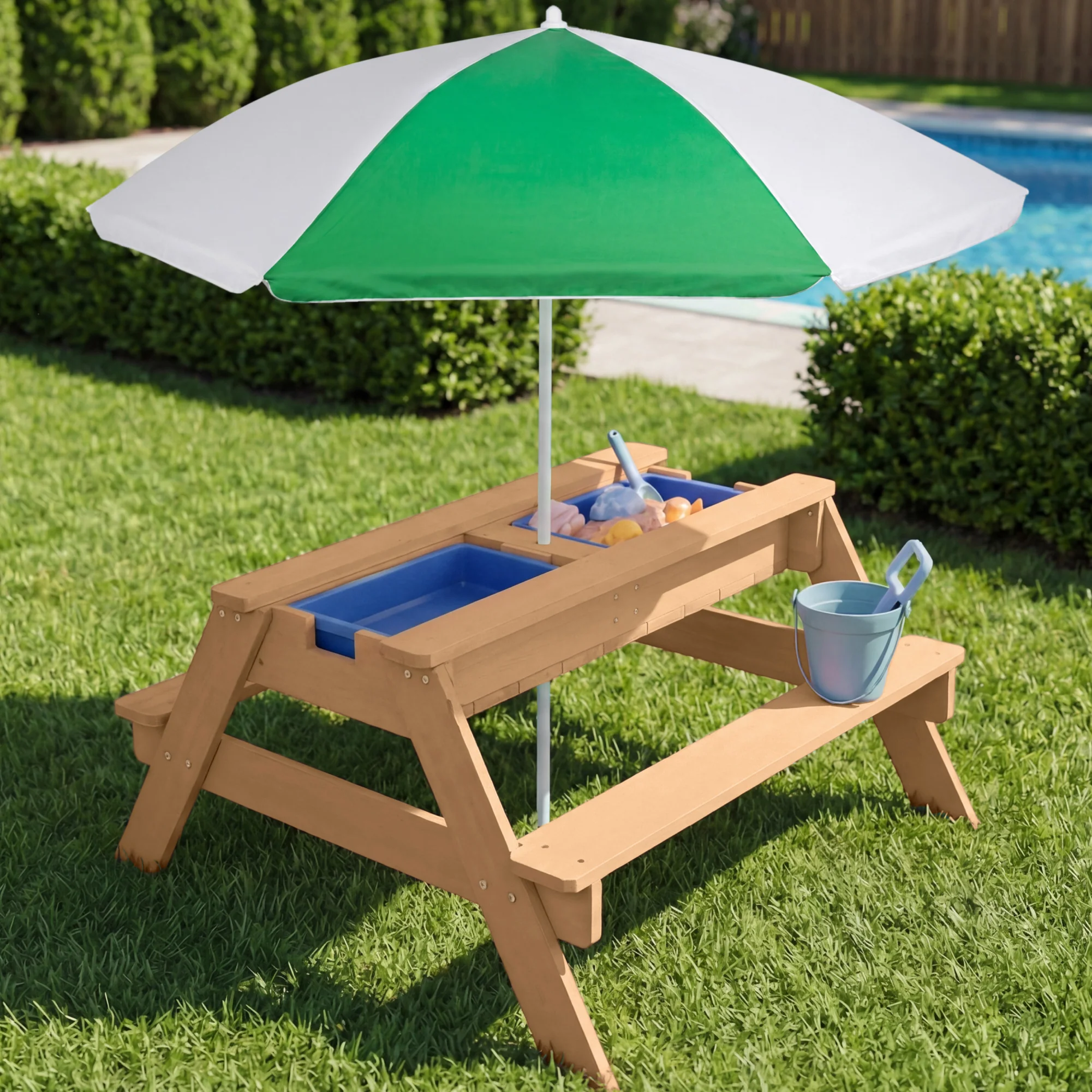 3-in-1 Kids Sand & Water Table Outdoor Wood Picnic Table w/ Umbrella - Image 49