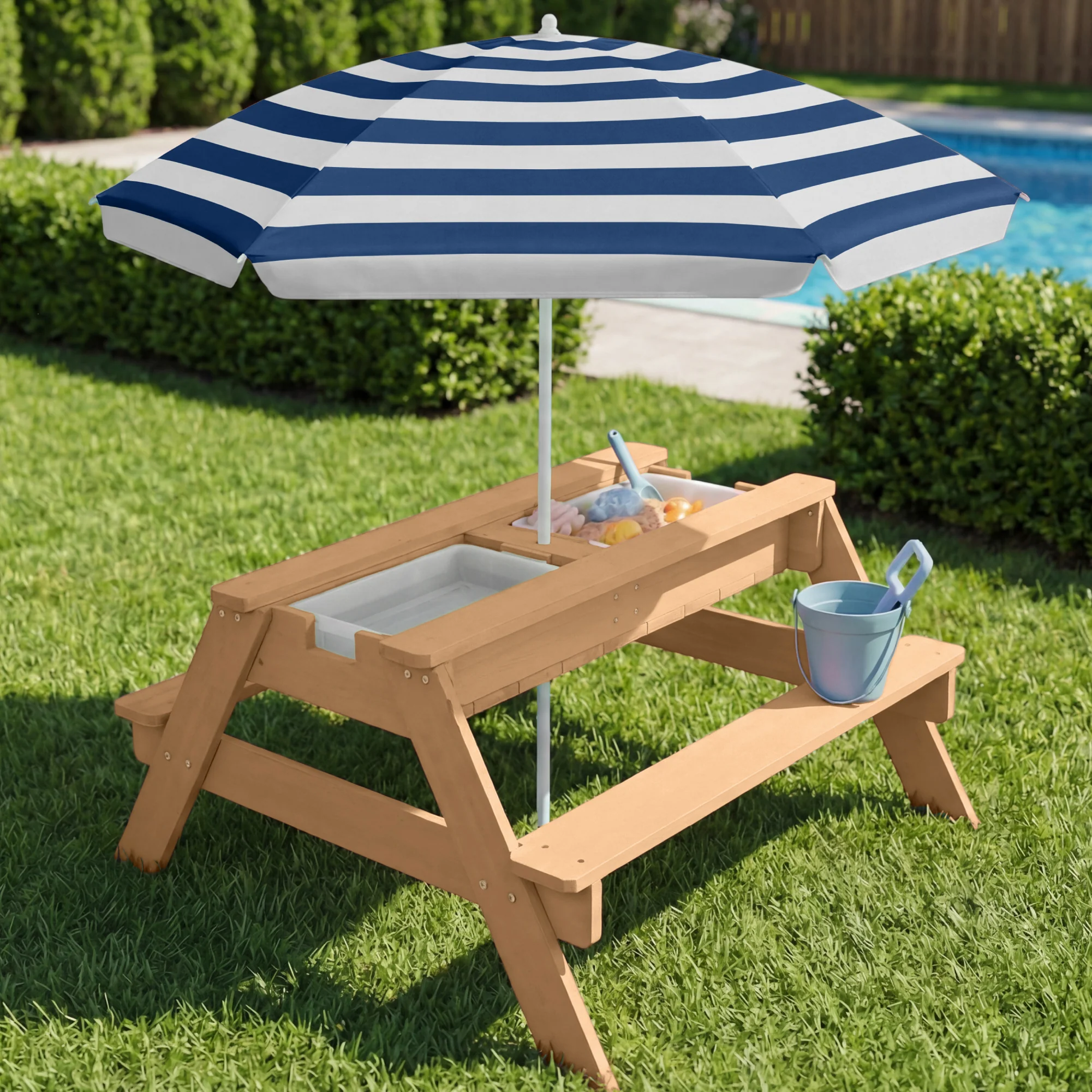 3-in-1 Kids Sand & Water Table Outdoor Wood Picnic Table w/ Umbrella - Image 57