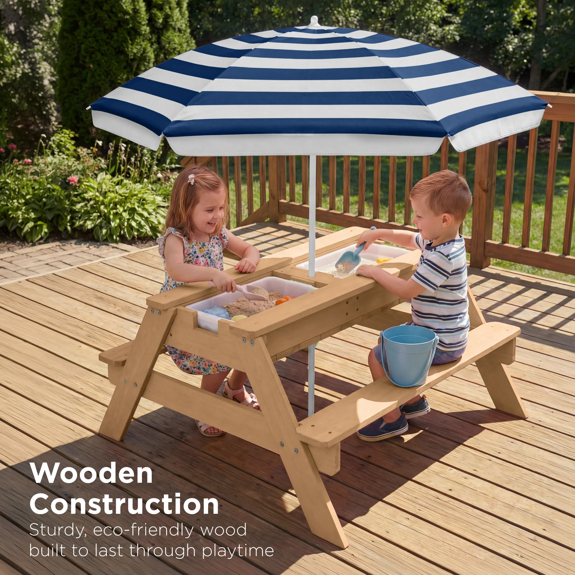 3-in-1 Kids Sand & Water Table Outdoor Wood Picnic Table w/ Umbrella - Image 59