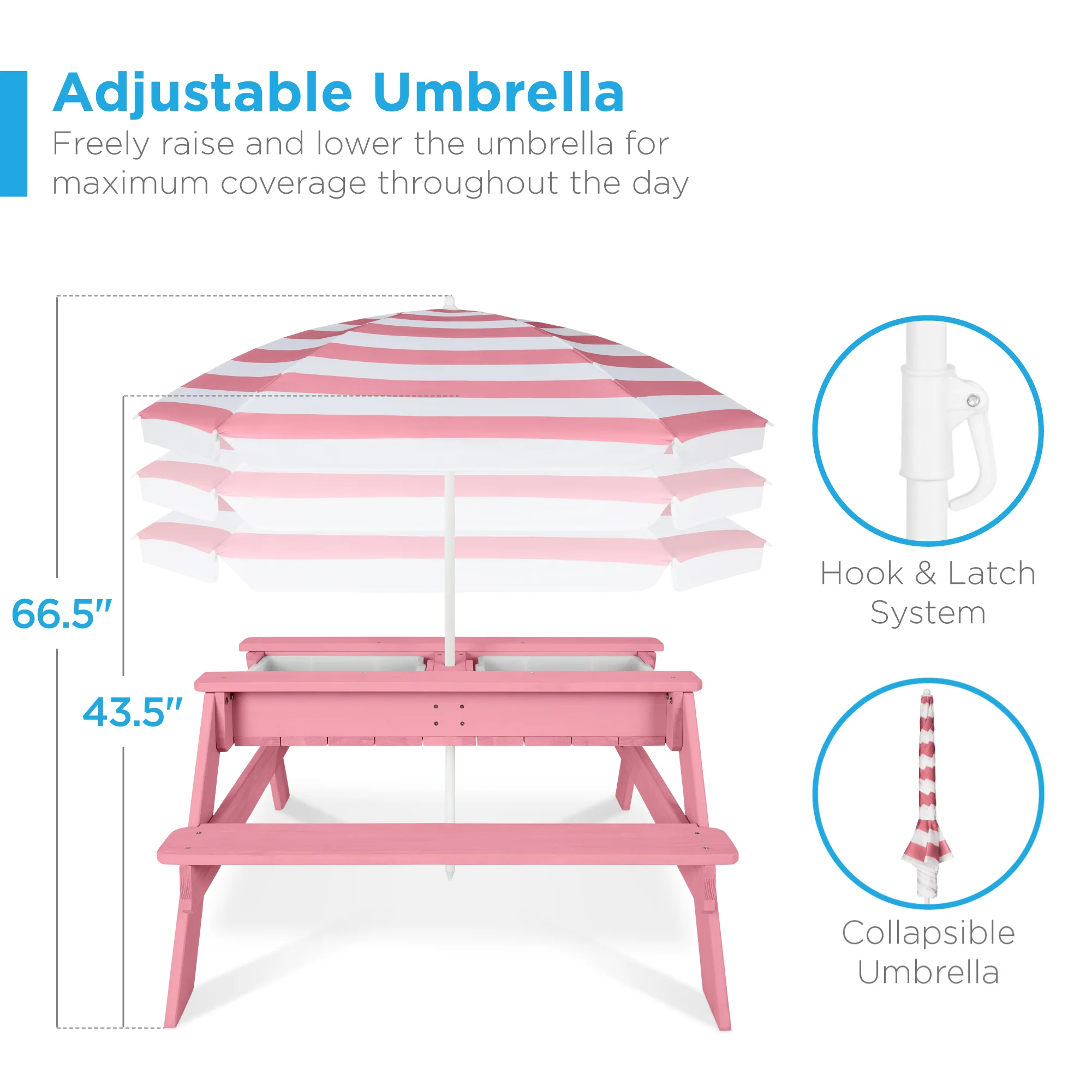 3-in-1 Kids Sand & Water Table Outdoor Wood Picnic Table w/ Umbrella - Image 6