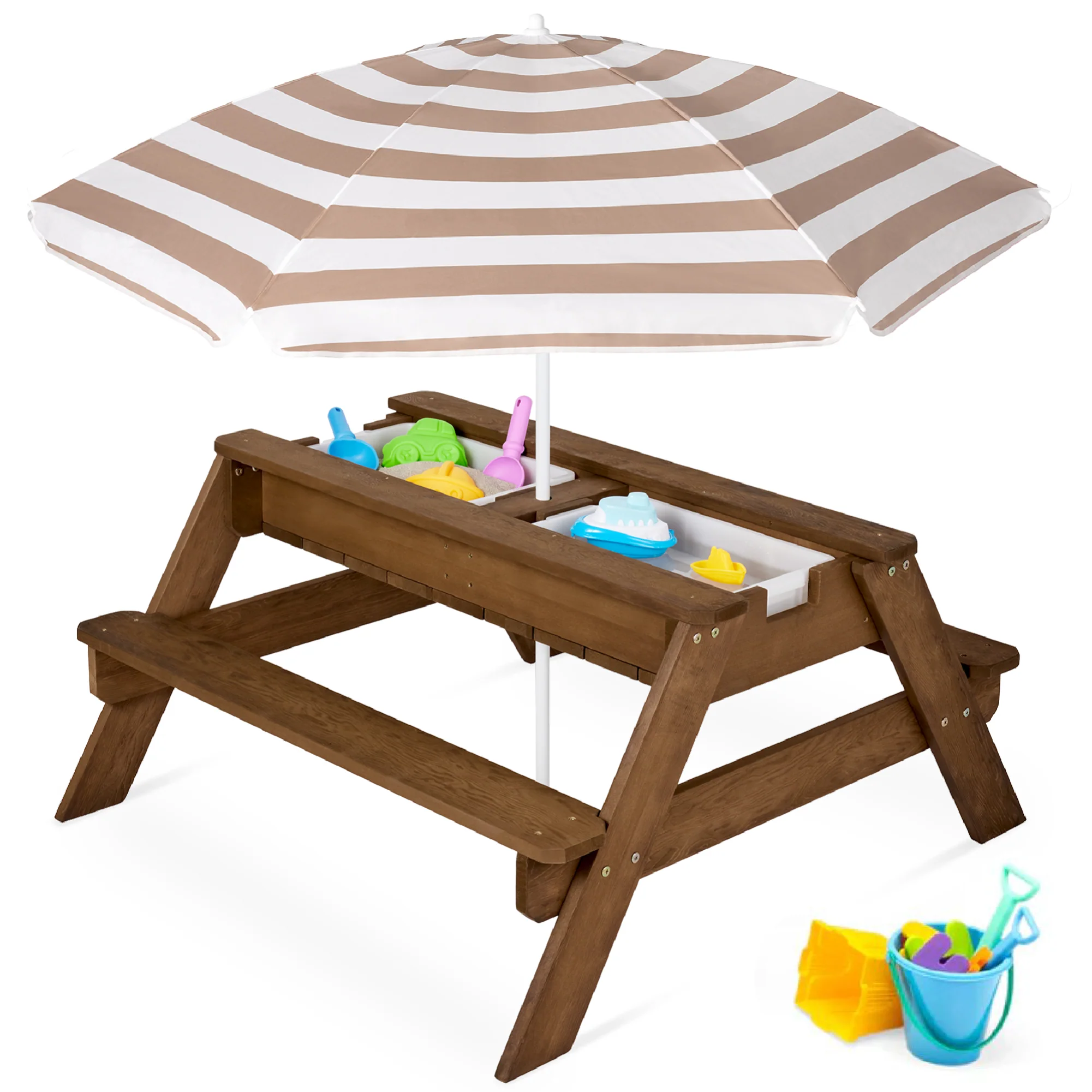 3-in-1 Kids Sand & Water Table Outdoor Wood Picnic Table w/ Umbrella - Image 63