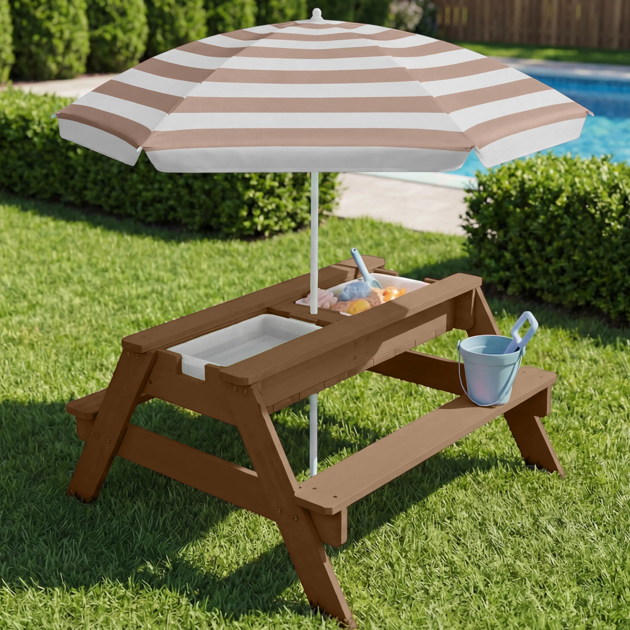 3-in-1 Kids Sand & Water Table Outdoor Wood Picnic Table w/ Umbrella - Image 65
