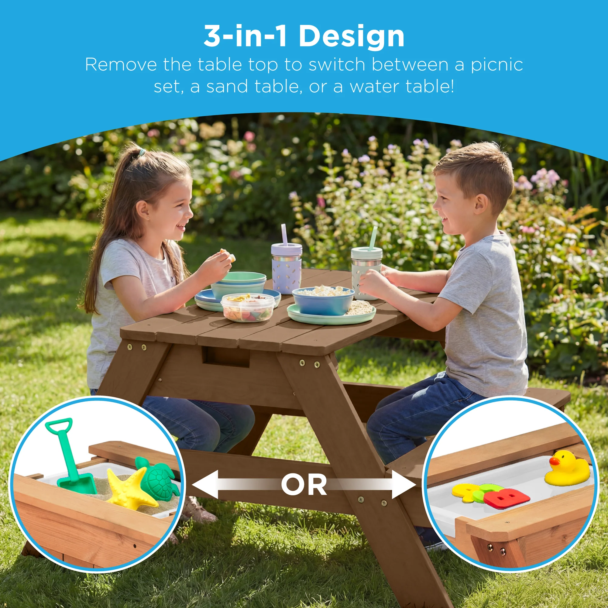 3-in-1 Kids Sand & Water Table Outdoor Wood Picnic Table w/ Umbrella - Image 66