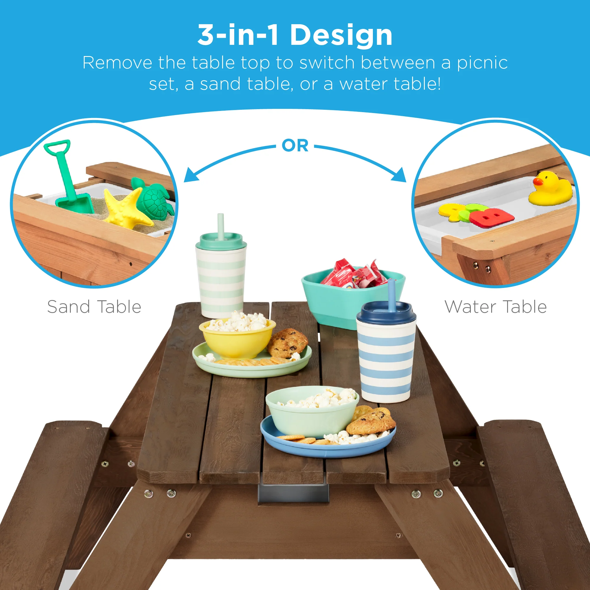 3-in-1 Kids Sand & Water Table Outdoor Wood Picnic Table w/ Umbrella - Image 72