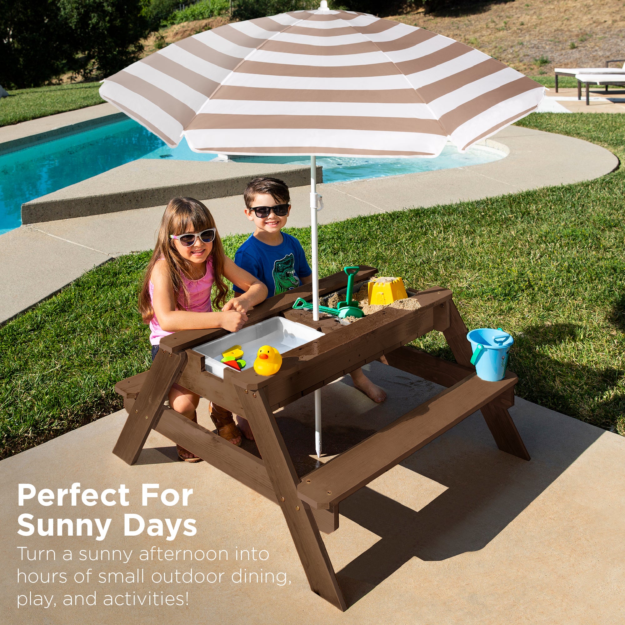 3-in-1 Kids Sand & Water Table Outdoor Wood Picnic Table w/ Umbrella - Image 73