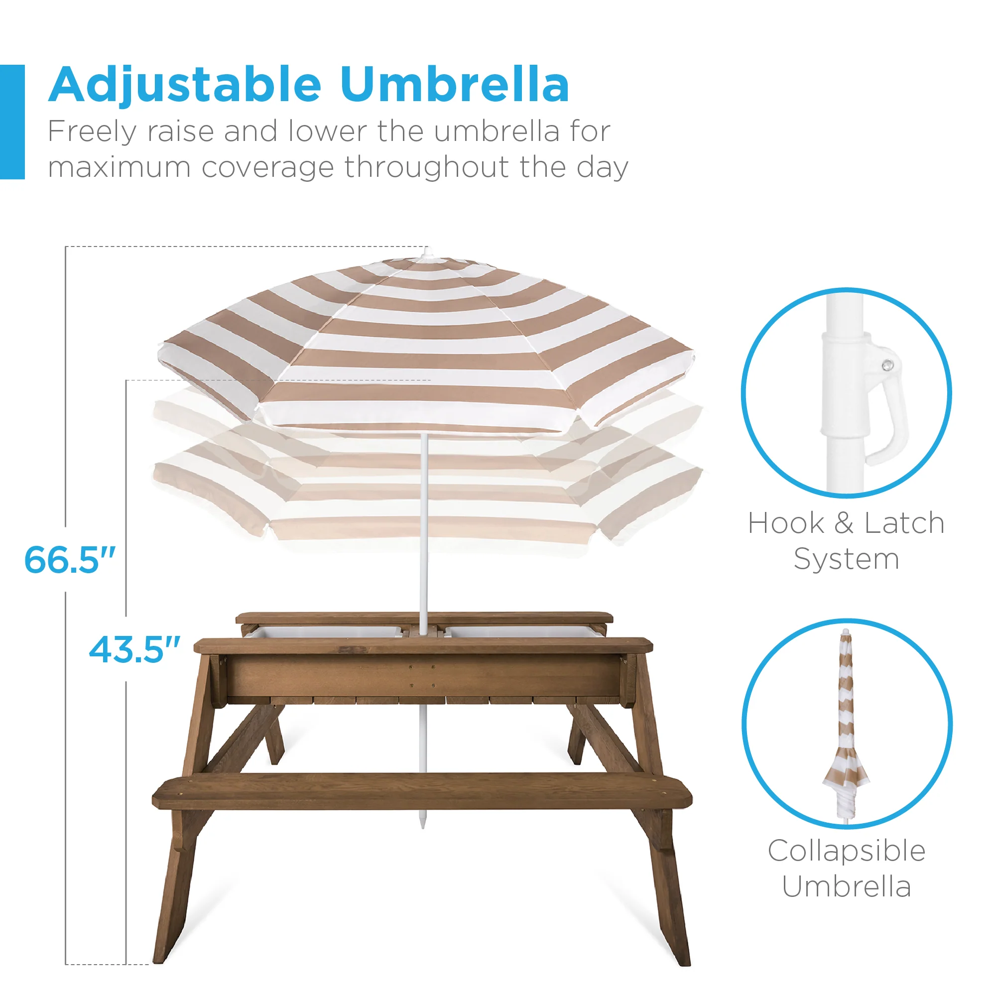 3-in-1 Kids Sand & Water Table Outdoor Wood Picnic Table w/ Umbrella - Image 74