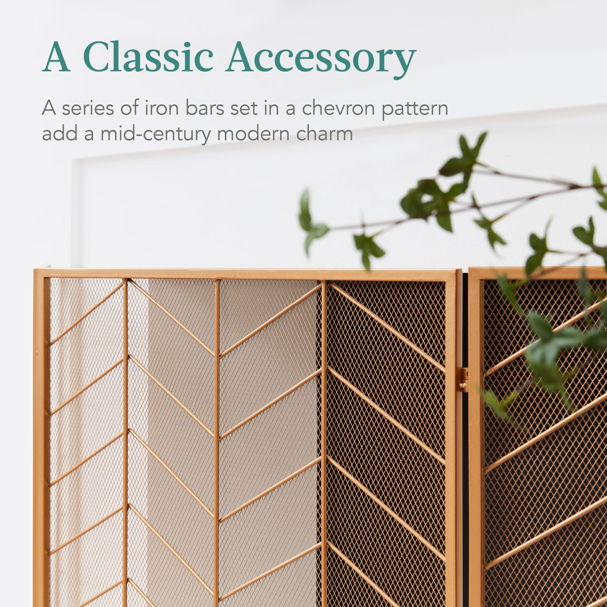 3-Panel Iron Chevron Fireplace Screen w/ Handles - 52x31in - Image 4
