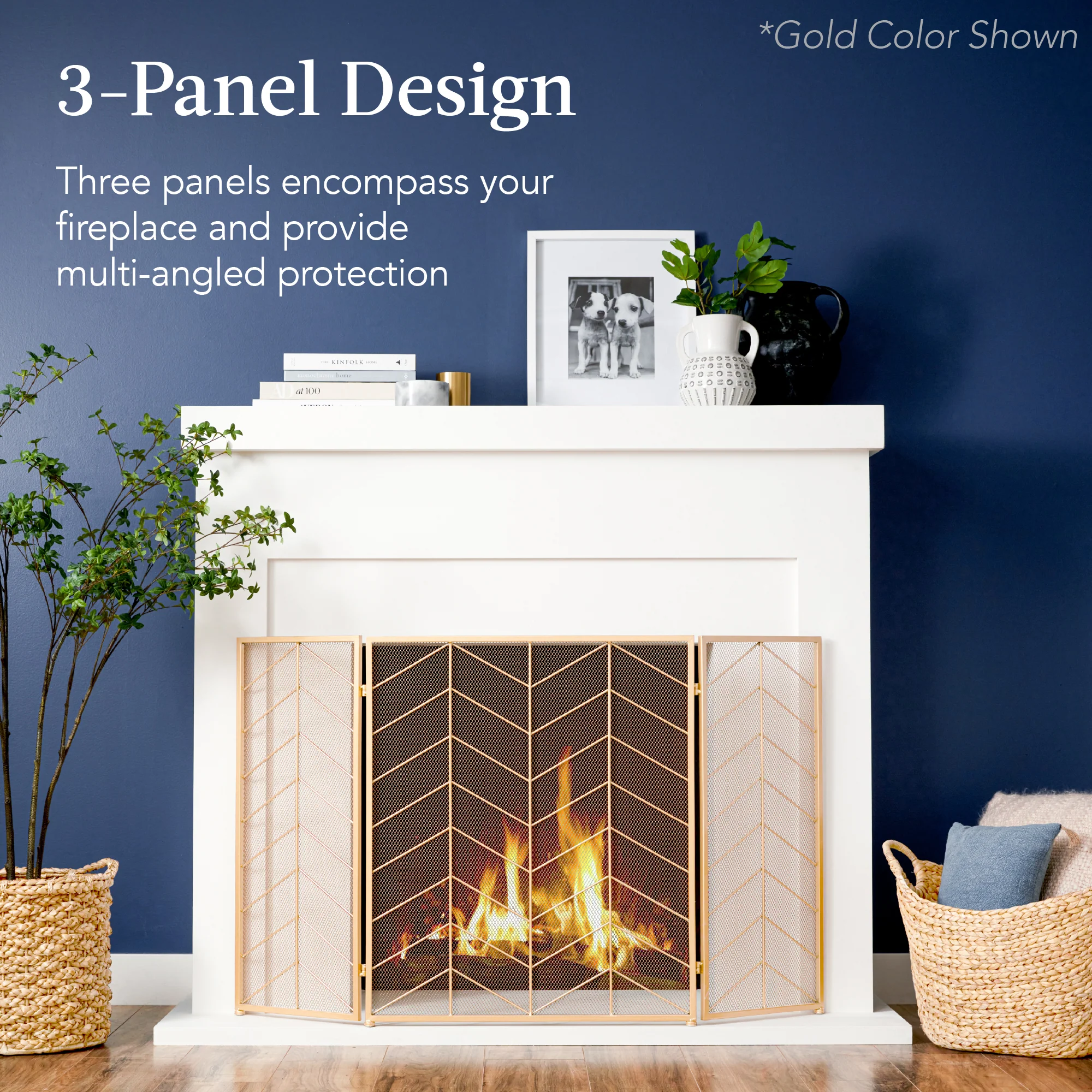 3-Panel Iron Chevron Fireplace Screen w/ Handles - 52x31in - Image 9