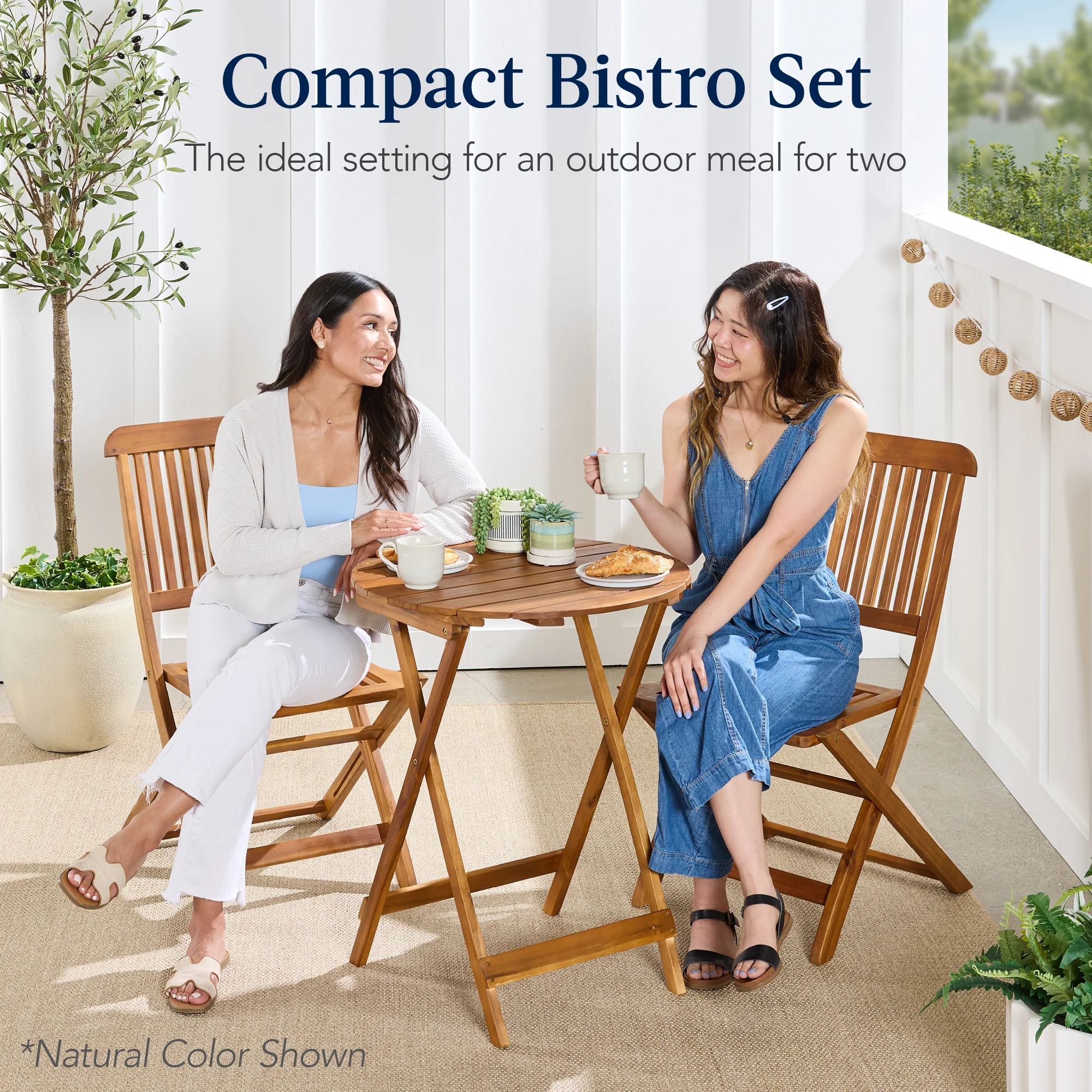 3-Piece Acacia Wood Bistro Set w/ Folding Table, 2 Chairs - Image 30