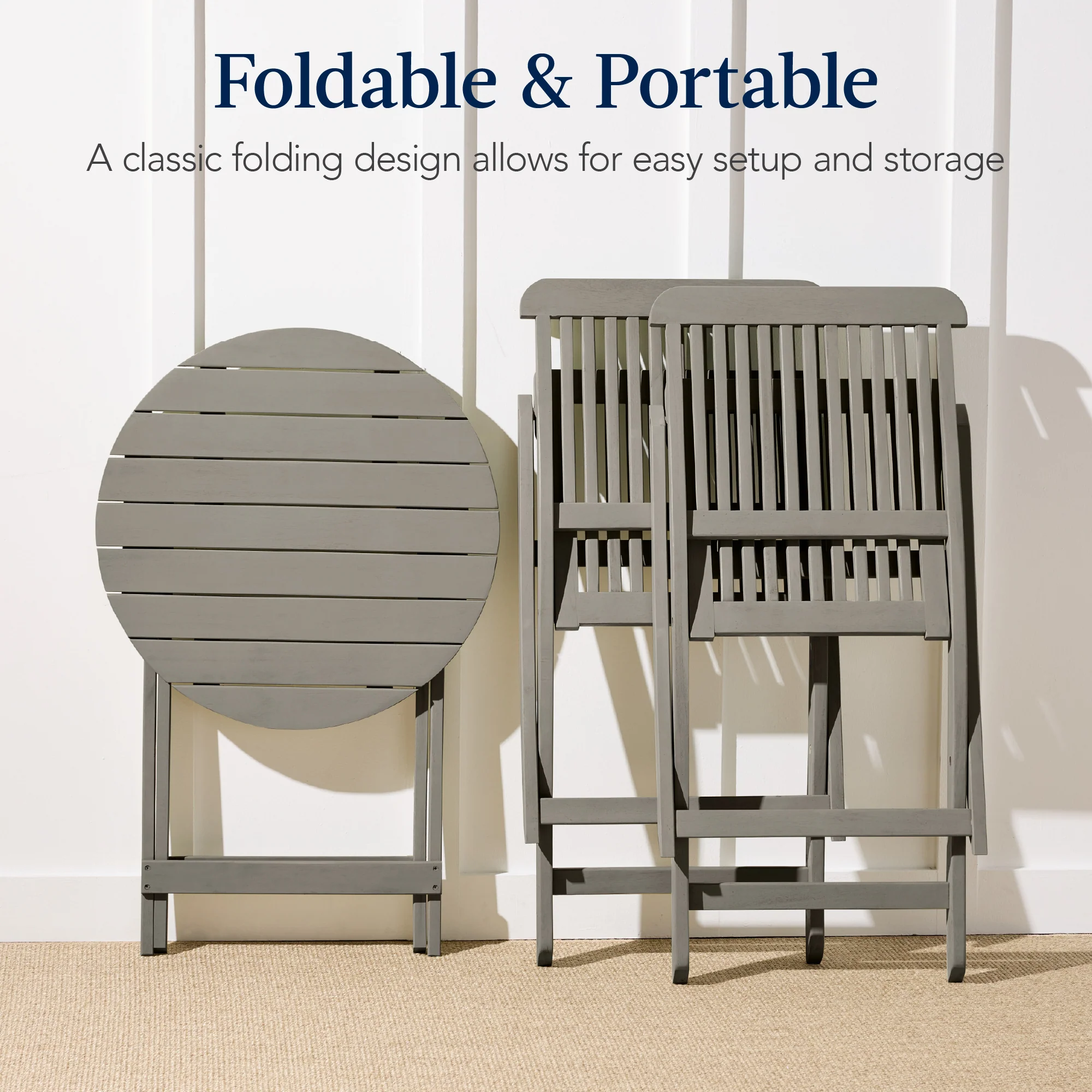 3-Piece Acacia Wood Bistro Set w/ Folding Table, 2 Chairs - Image 43