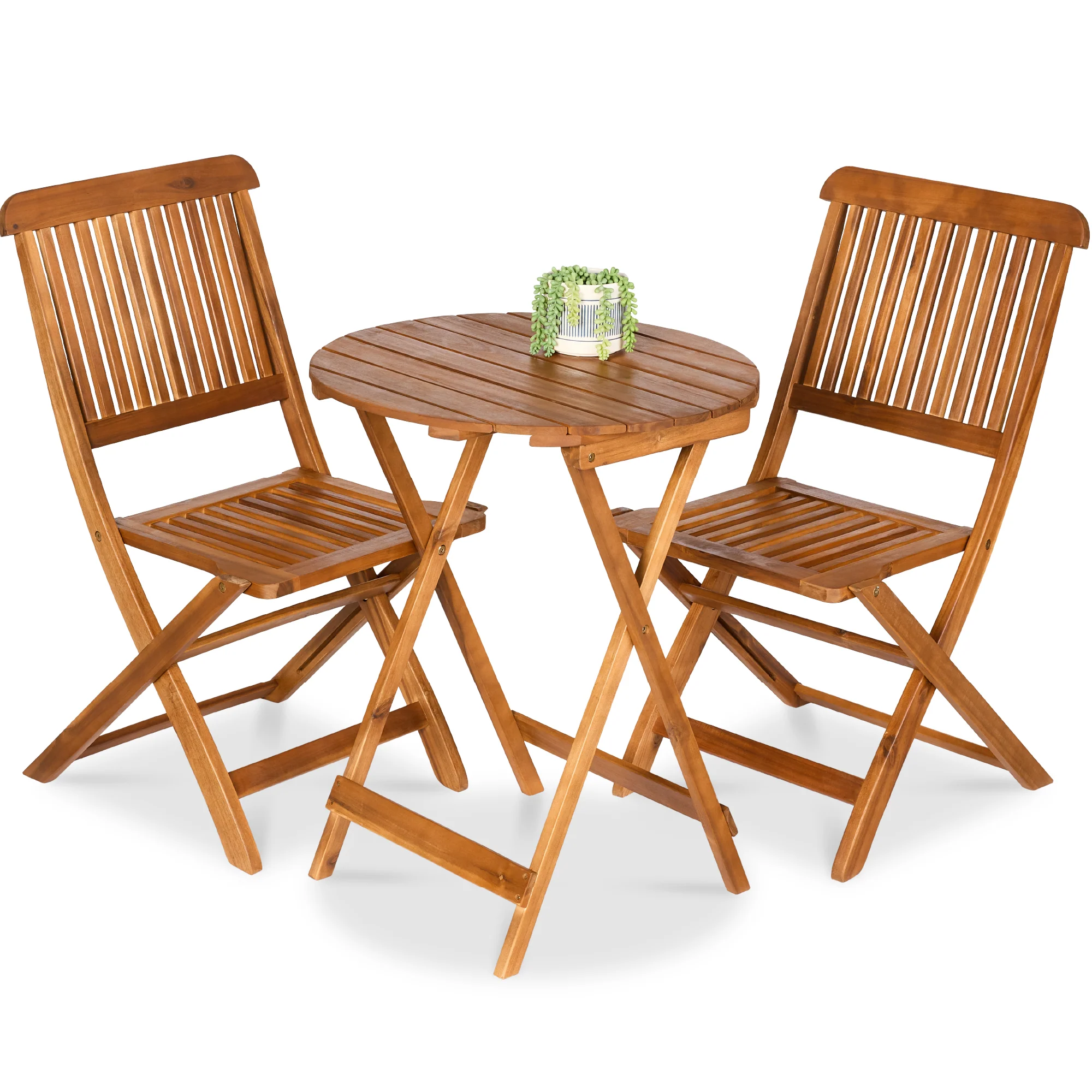 3-Piece Acacia Wood Bistro Set w/ Folding Table, 2 Chairs - Image 49