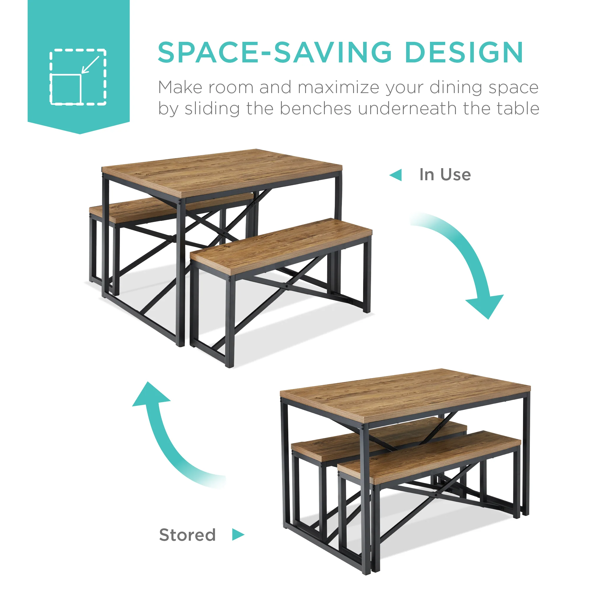 3-Piece Bench Style Dining Furniture Set w/ 2 Benches, Table - 45.5in - Image 12