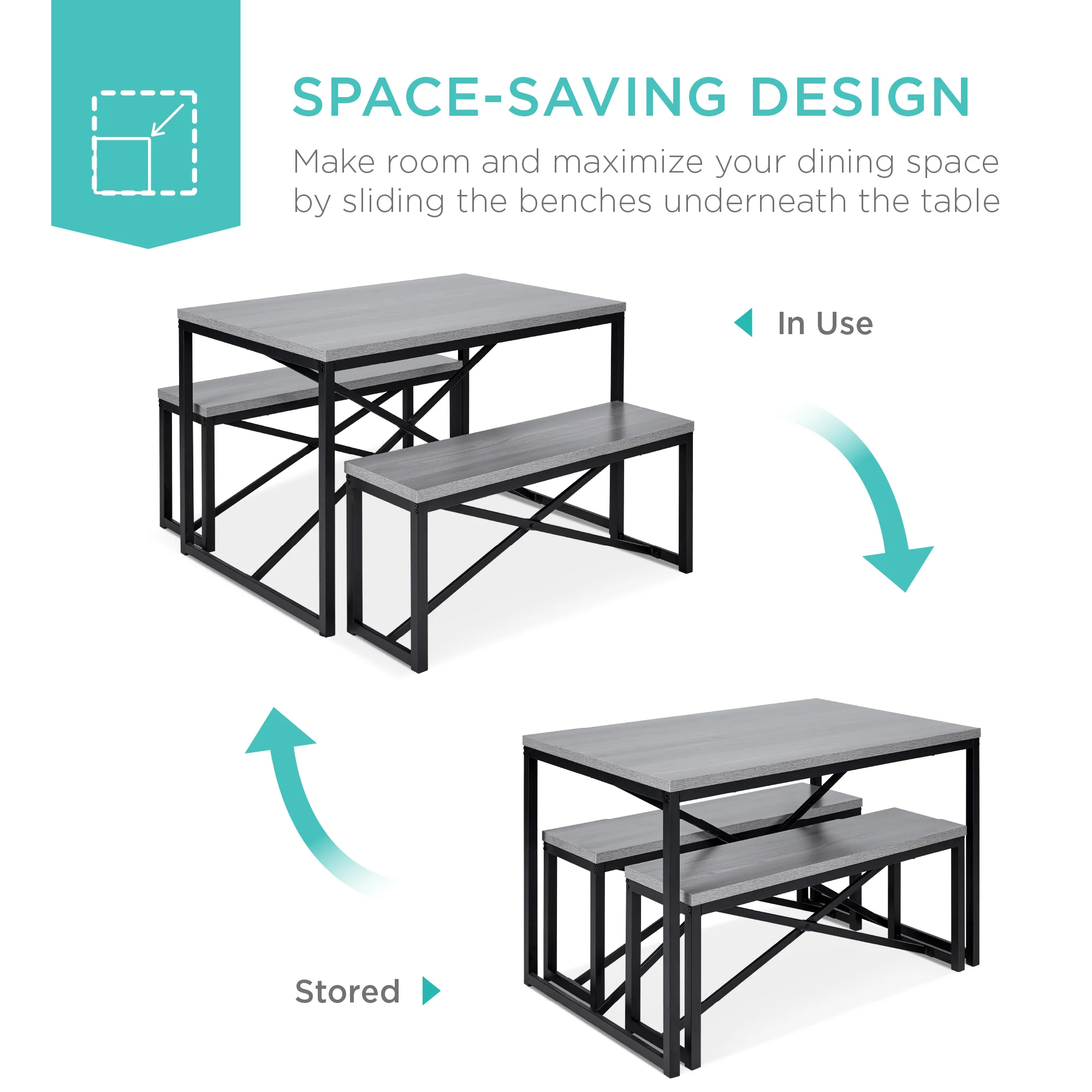 3-Piece Bench Style Dining Furniture Set w/ 2 Benches, Table - 45.5in - Image 33