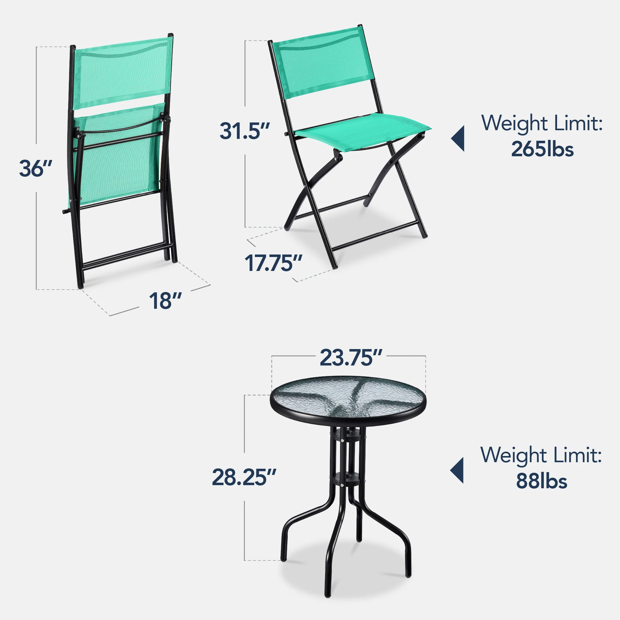 3-Piece Bistro Set w/ Glass Table, 2 Foldable Chairs - Image 110
