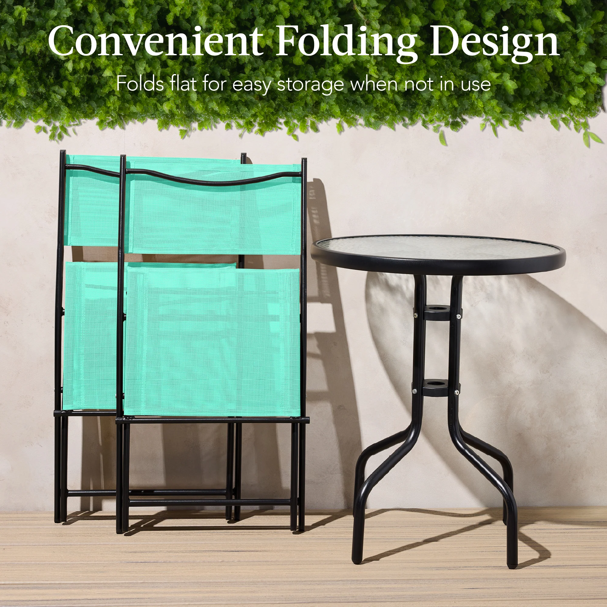 3-Piece Bistro Set w/ Glass Table, 2 Foldable Chairs - Image 112
