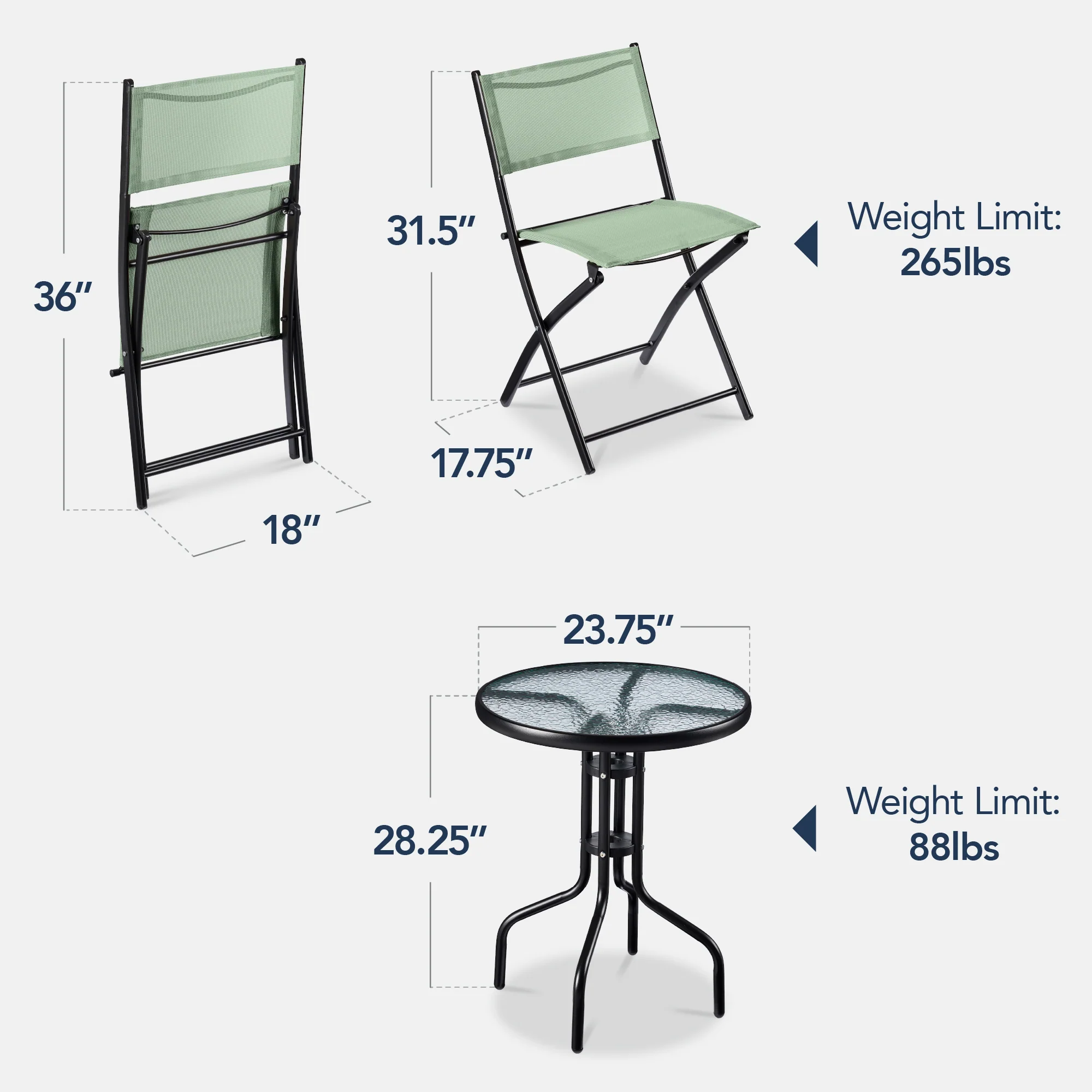 3-Piece Bistro Set w/ Glass Table, 2 Foldable Chairs - Image 119