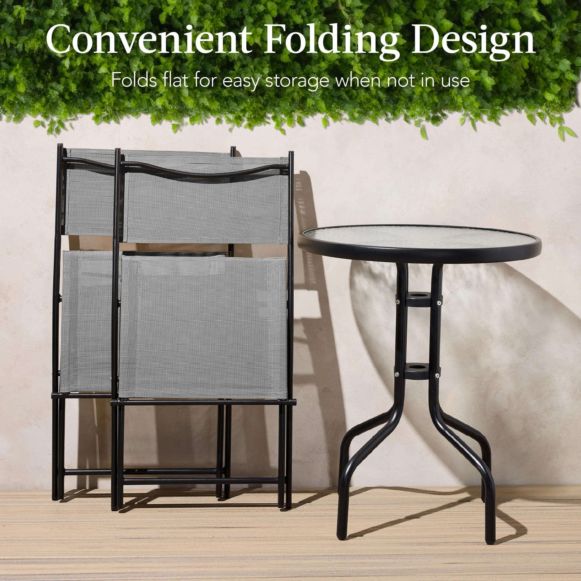 3-Piece Bistro Set w/ Glass Table, 2 Foldable Chairs - Image 4