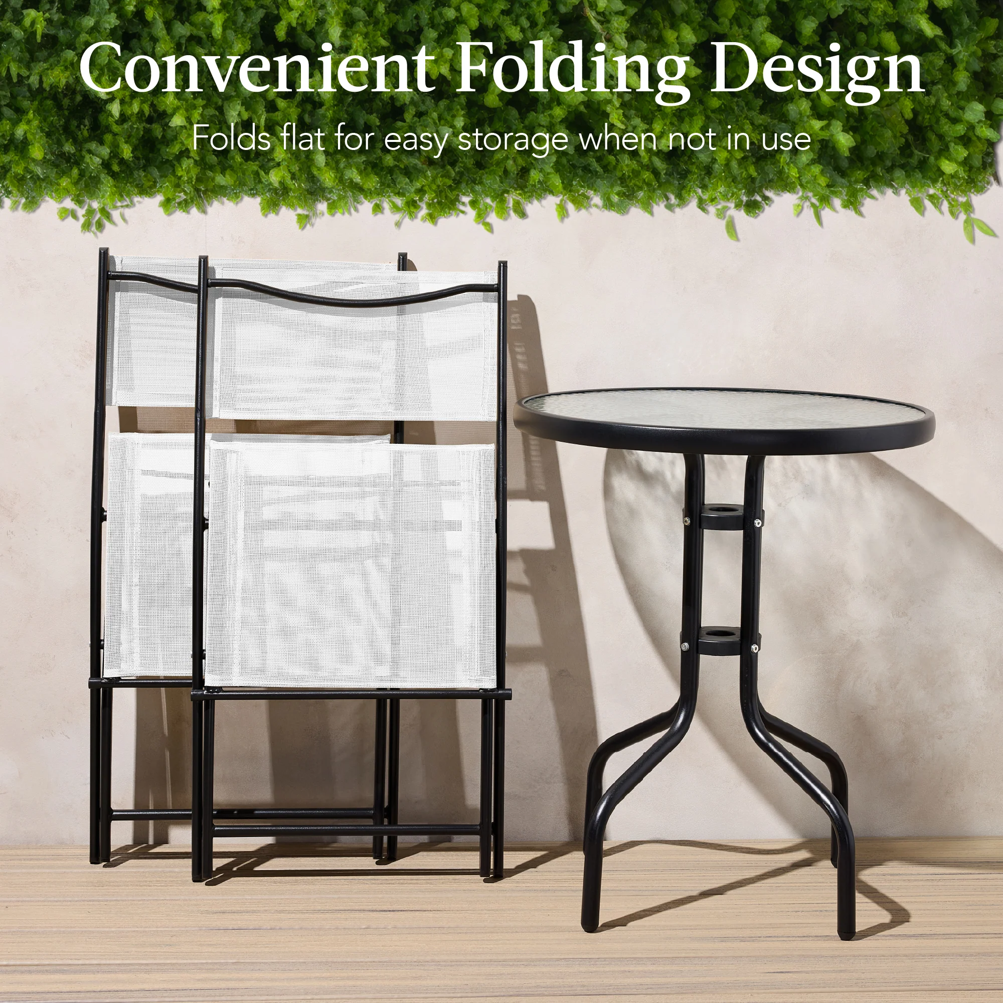 3-Piece Bistro Set w/ Glass Table, 2 Foldable Chairs - Image 40